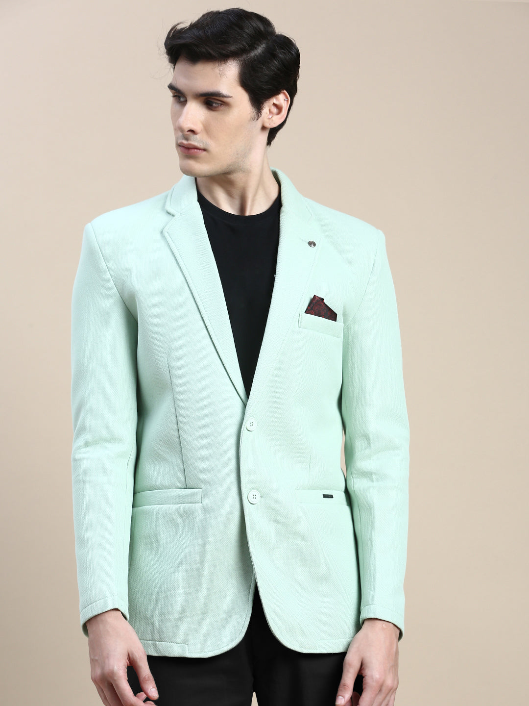 Men Green Solid Casual Blazers