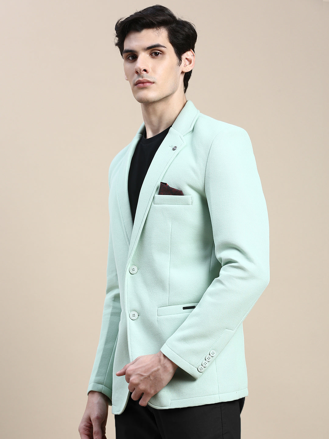 Men Green Solid Casual Blazers