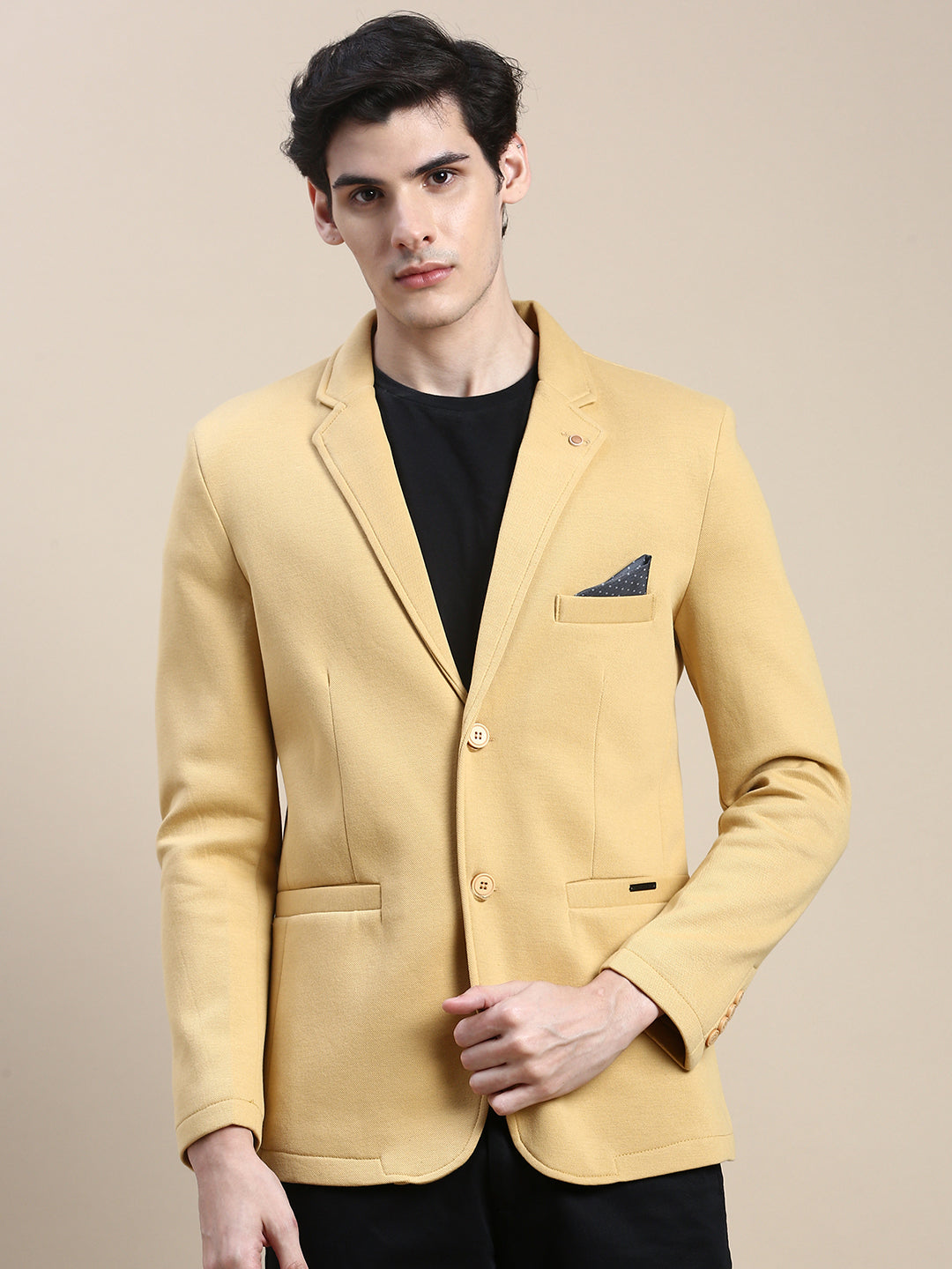 Men Yellow Solid Casual Blazers