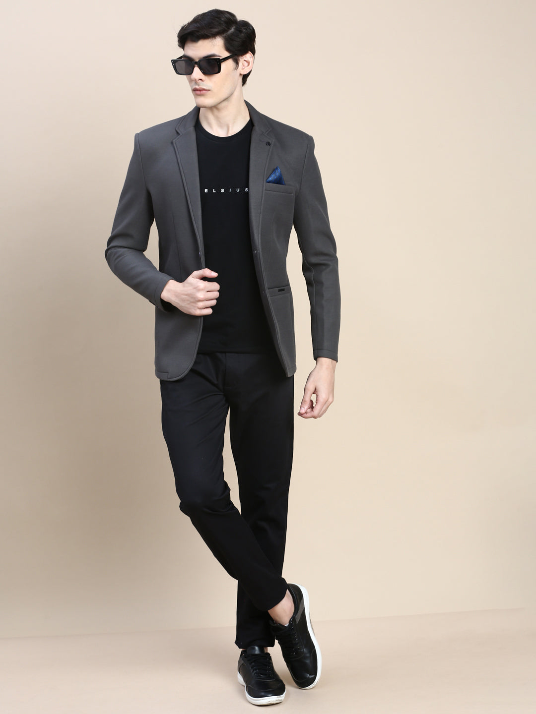 Men Grey Solid Casual Blazers