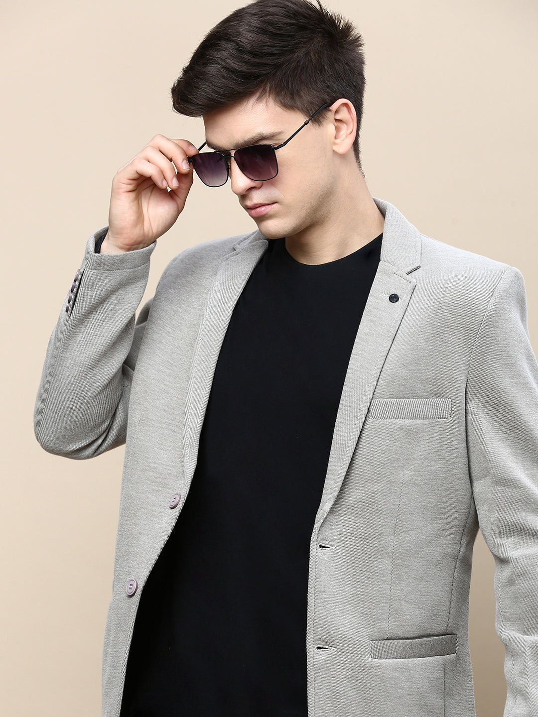 Men Beige Solid Casual Blazers