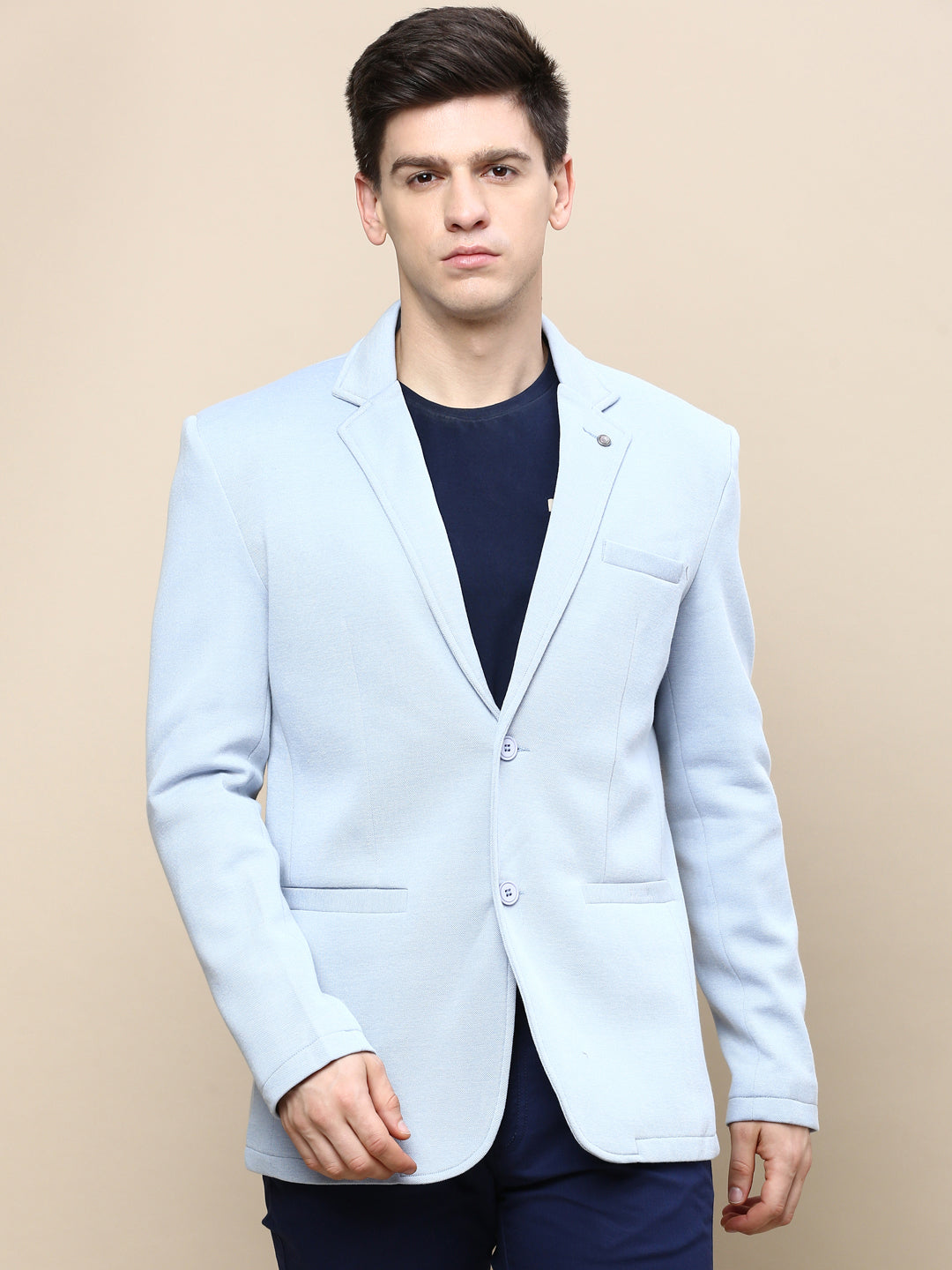 Men Blue Solid Casual Blazers