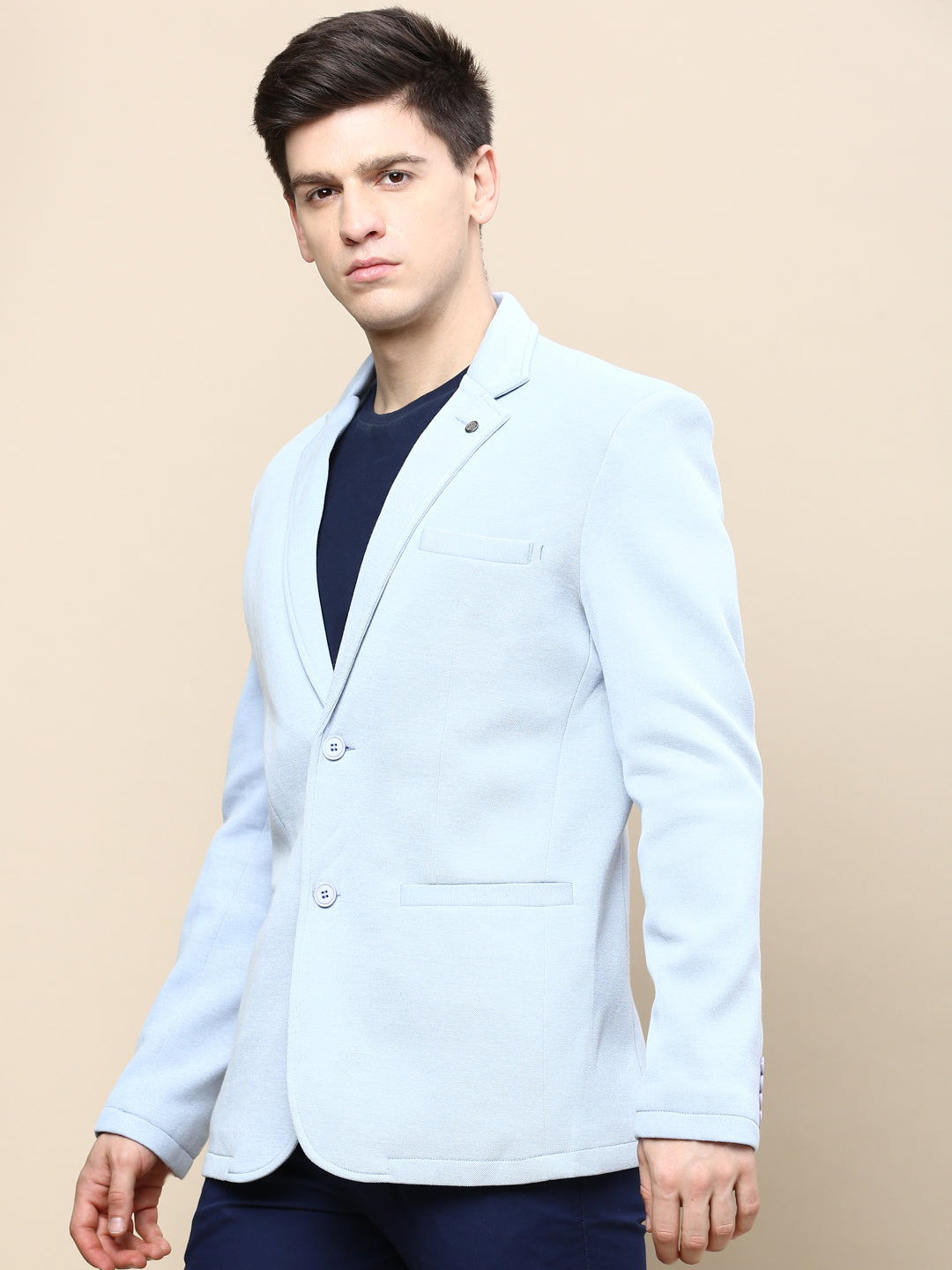 Men Blue Solid Casual Blazers