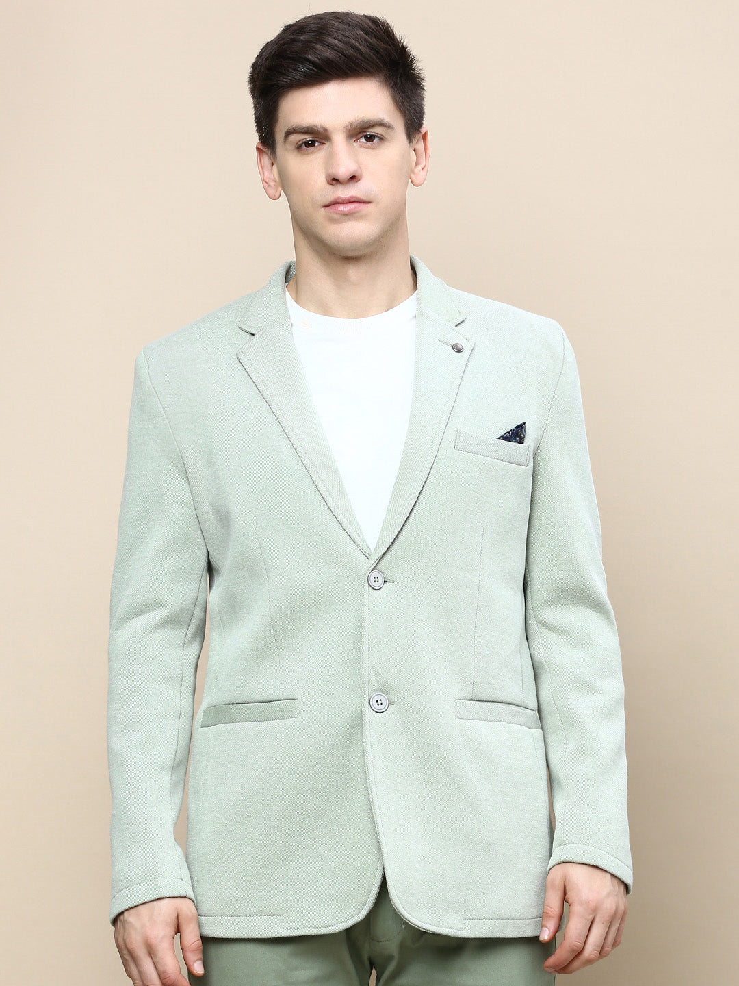 Men Green Solid Casual Blazers