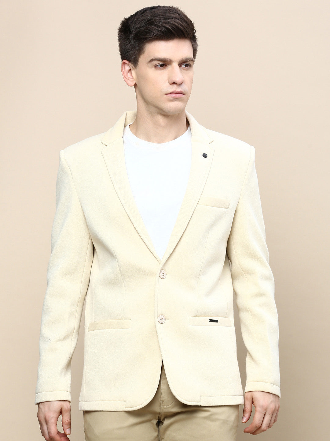 Men Cream Solid Casual Blazers