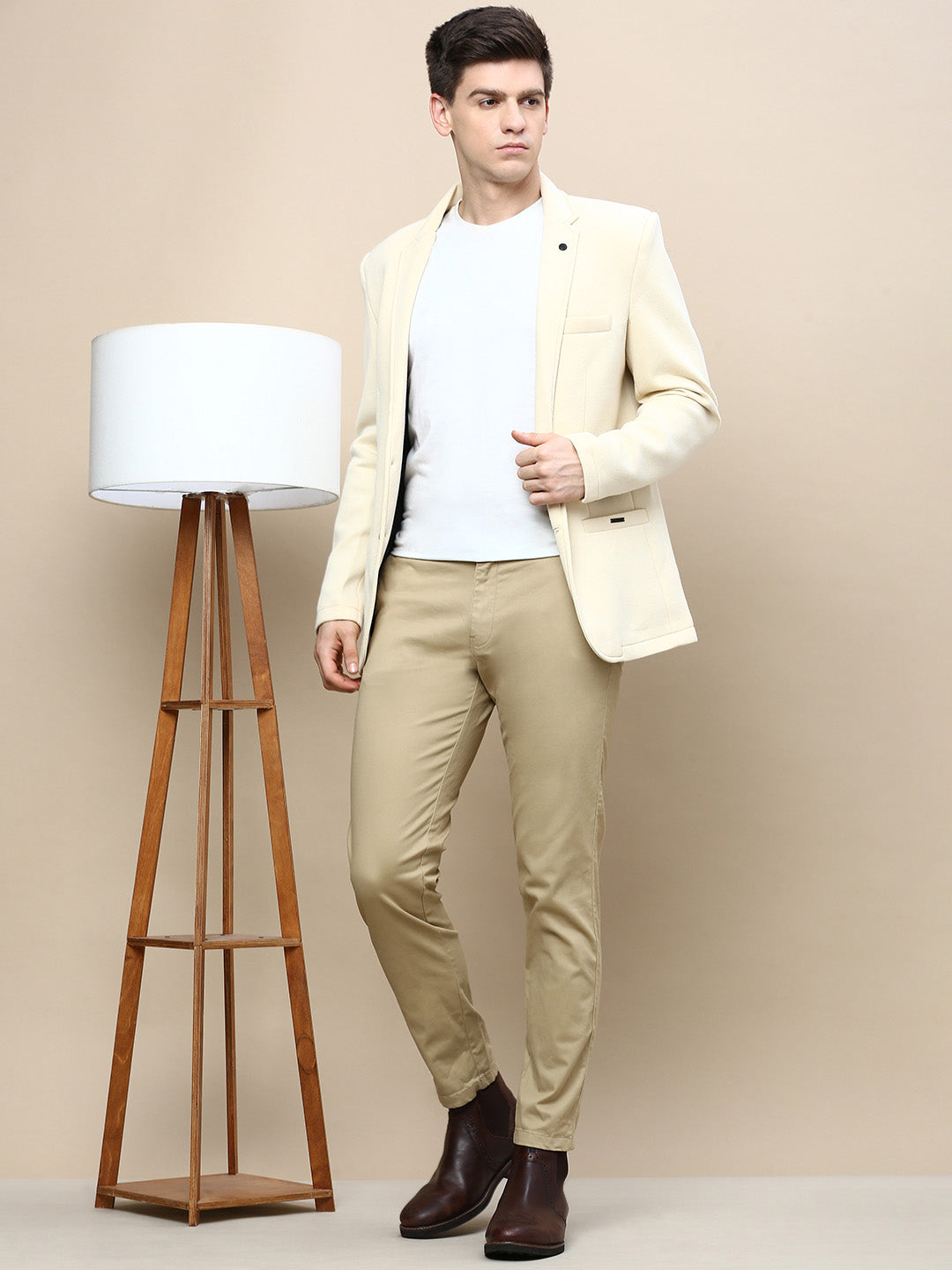 Men Cream Solid Casual Blazers