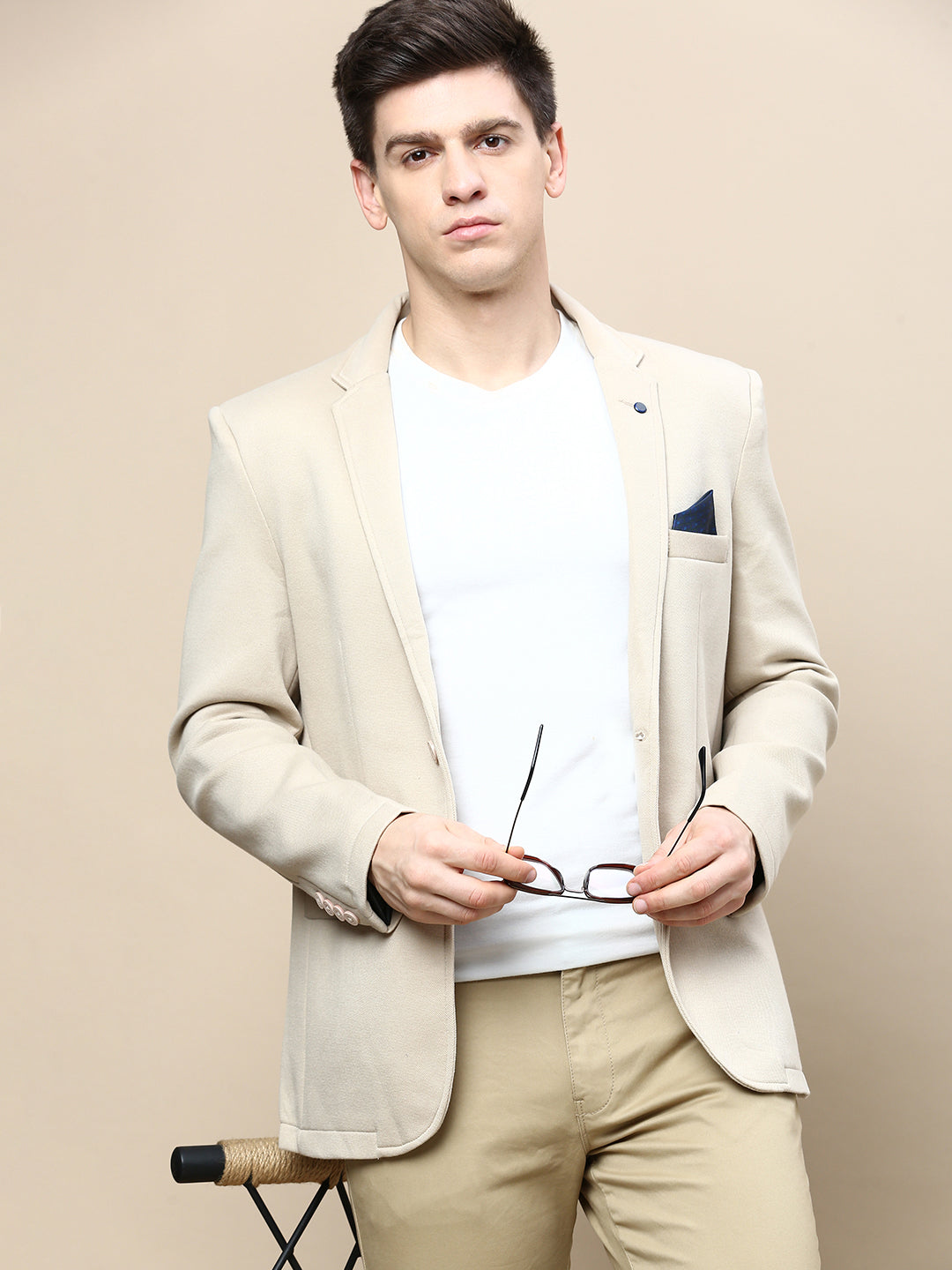 Men Beige Solid Casual Blazers