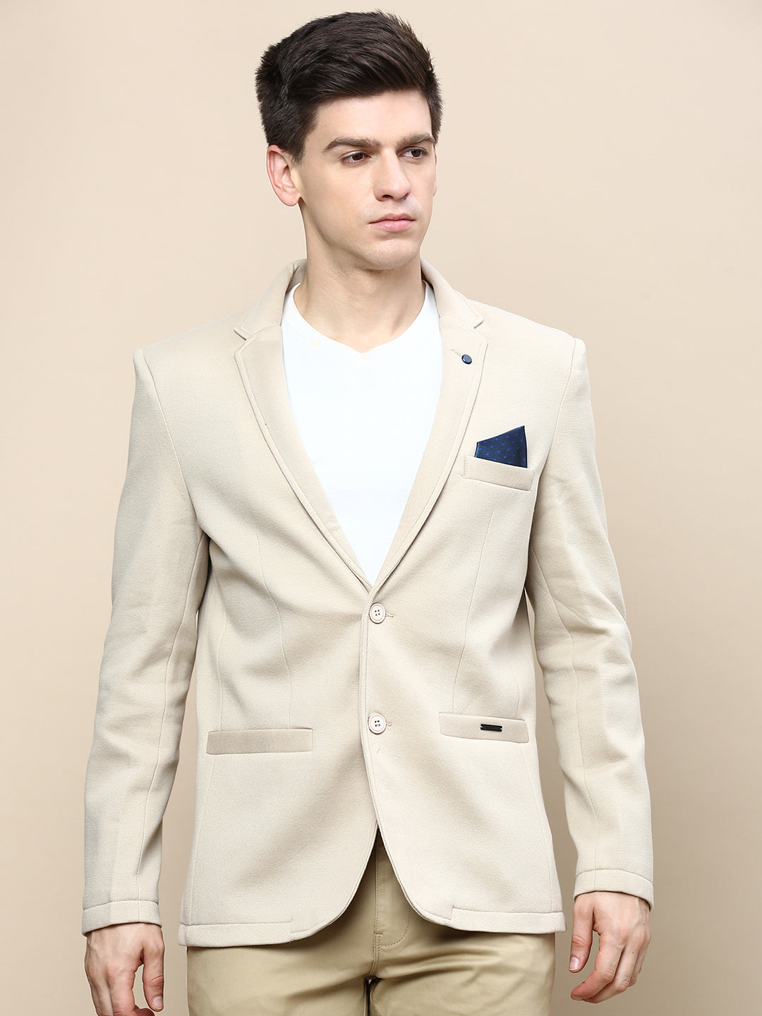 Men Beige Solid Casual Blazers