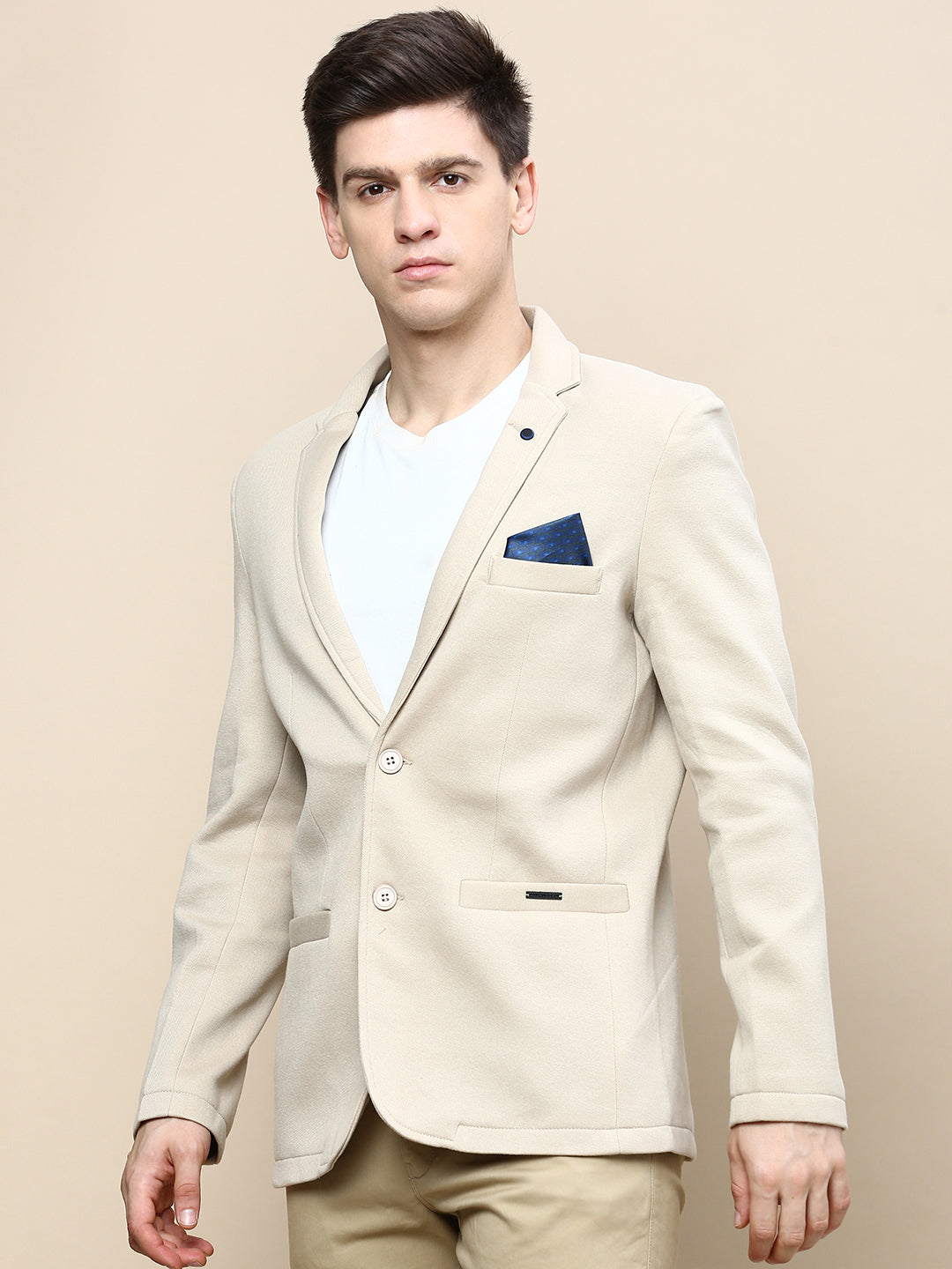 Men Beige Solid Casual Blazers