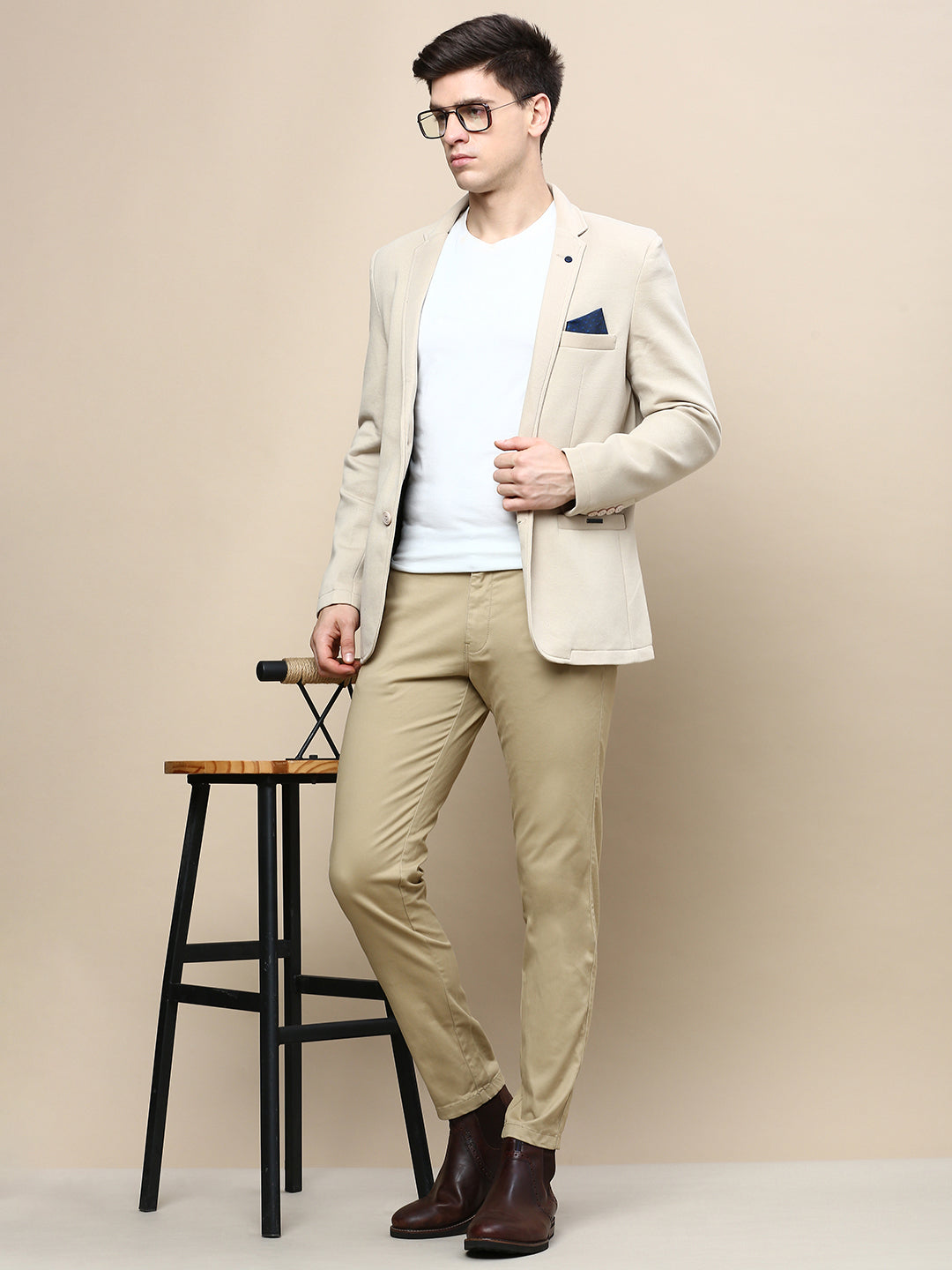 Men Beige Solid Casual Blazers