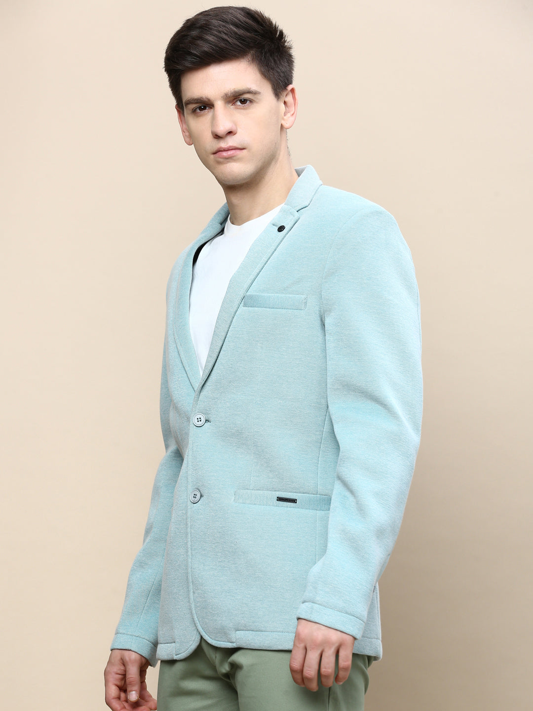 Men Green Solid Casual Blazers