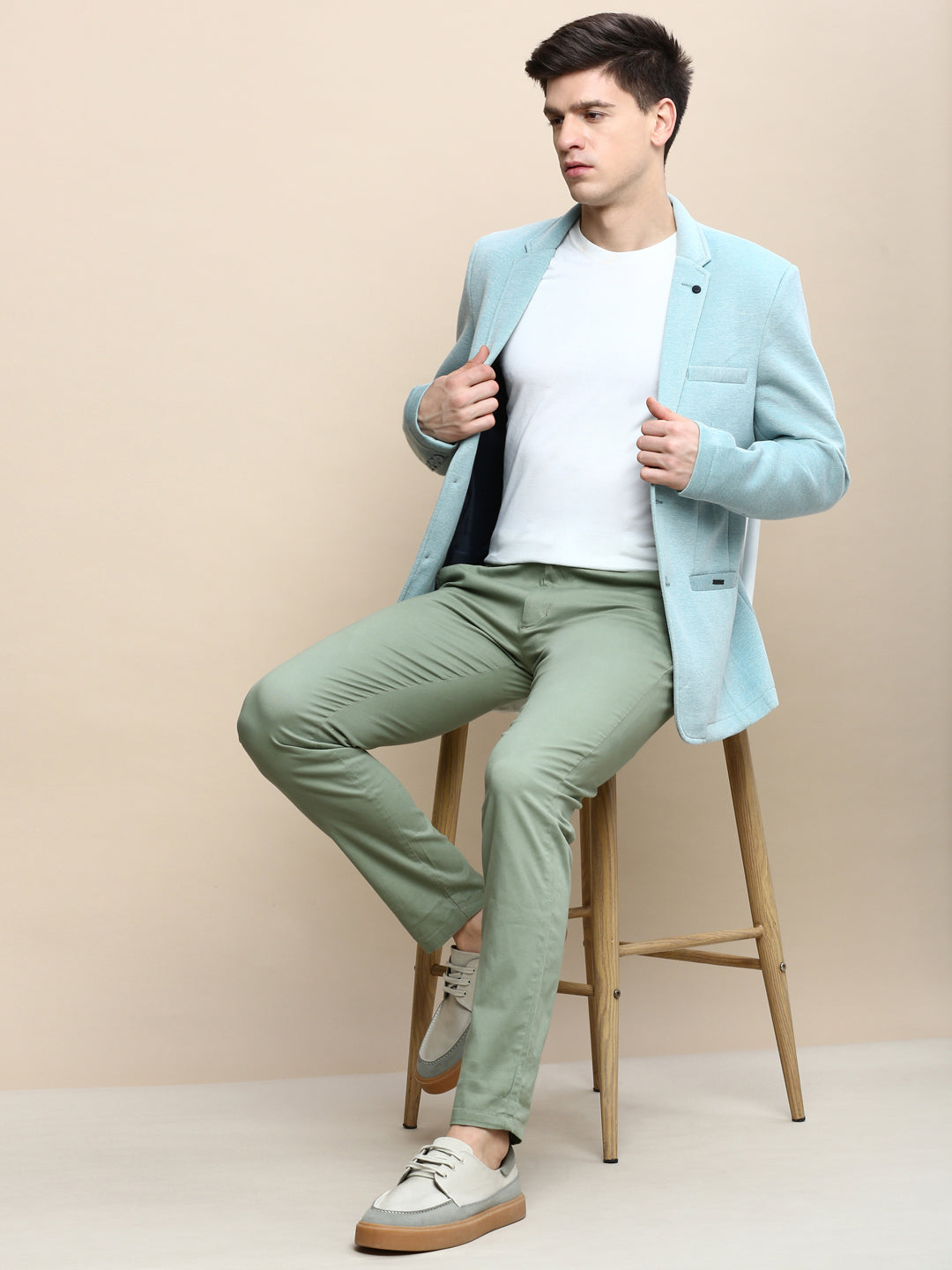 Men Green Solid Casual Blazers