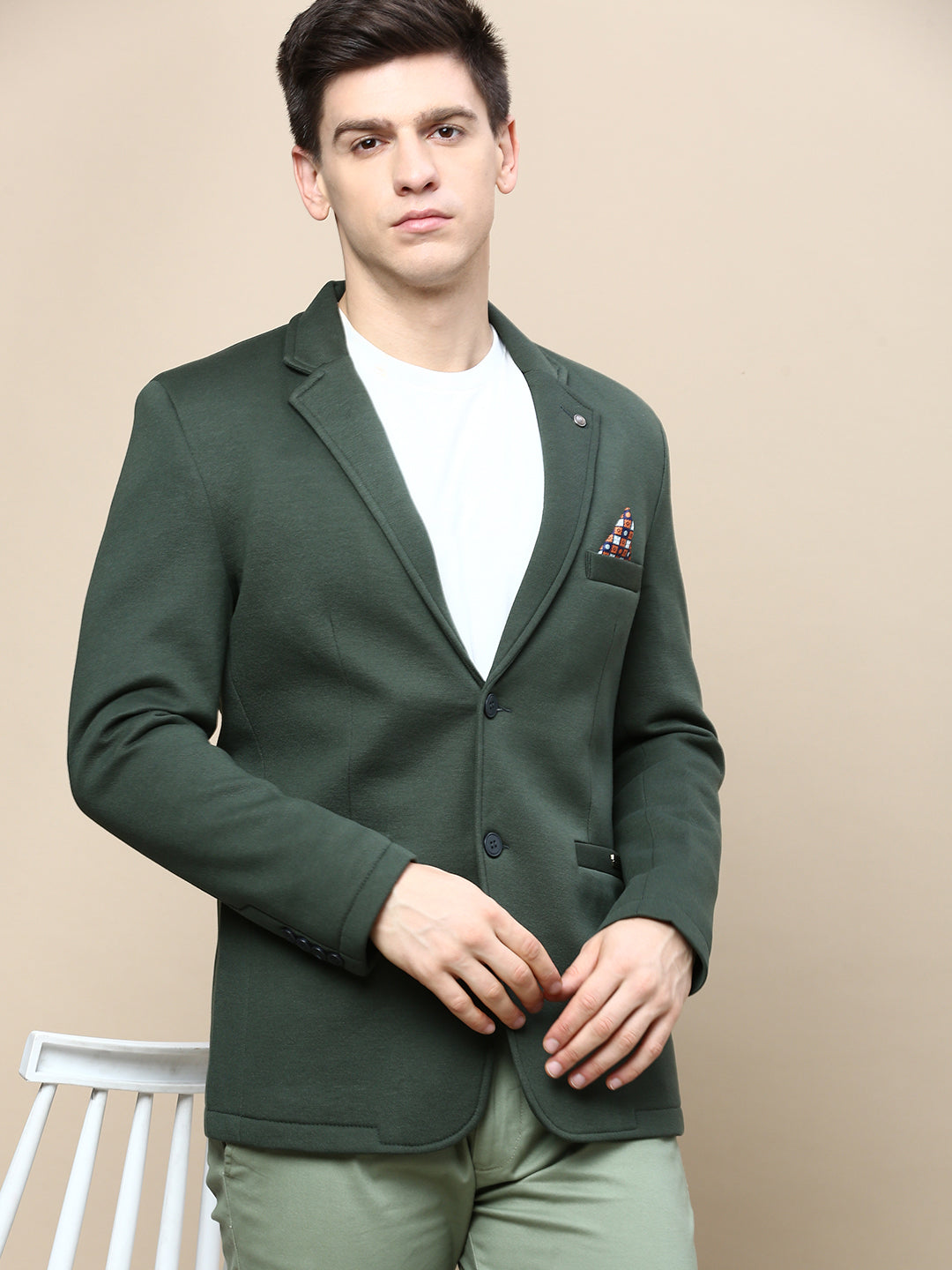 Men Green Solid Casual Blazers