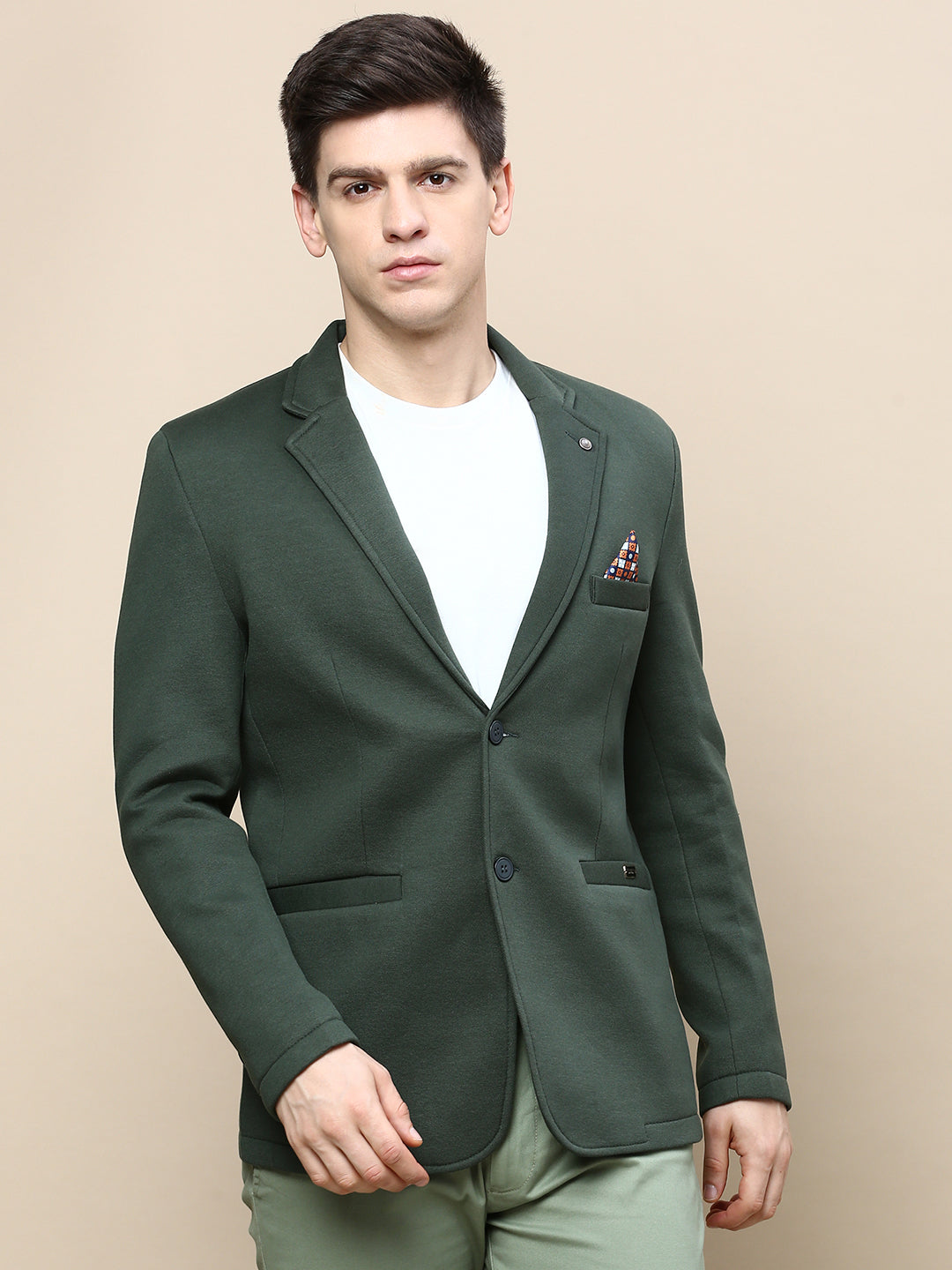 Men Green Solid Casual Blazers