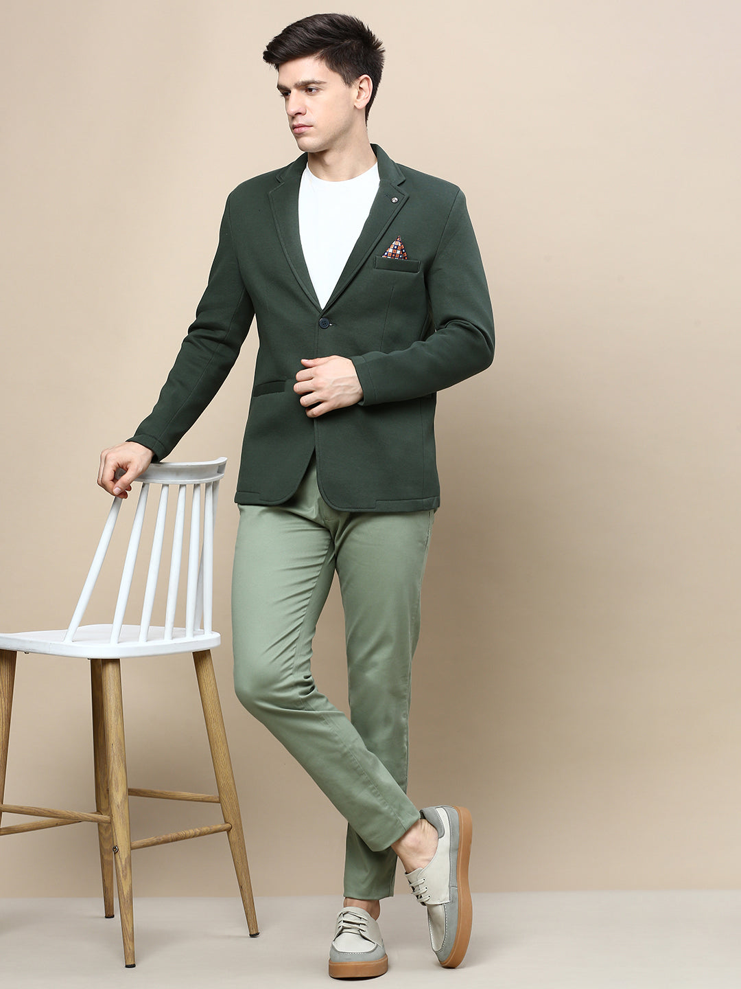 Men Green Solid Casual Blazers