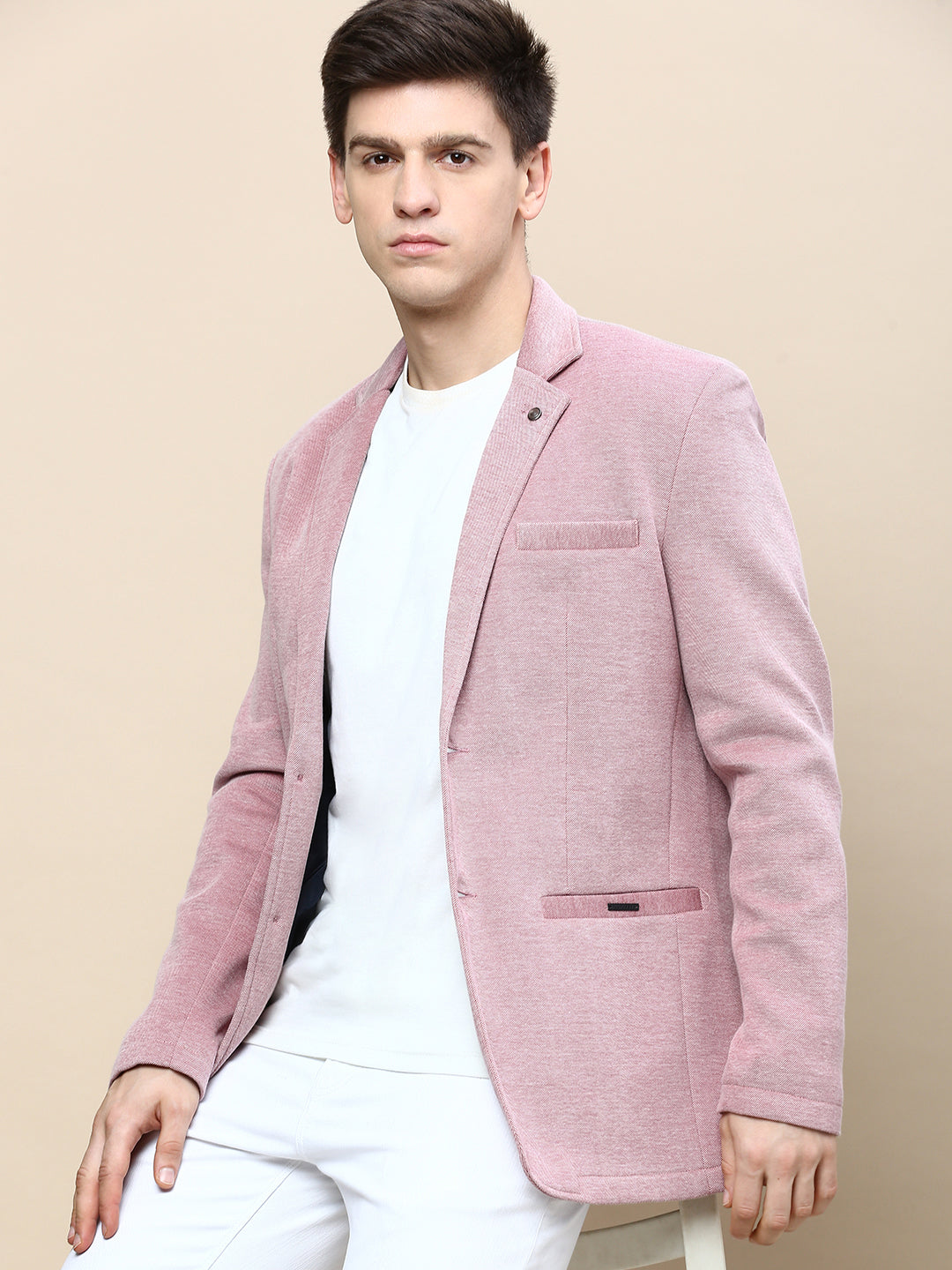 Men Mauve Solid Casual Blazers