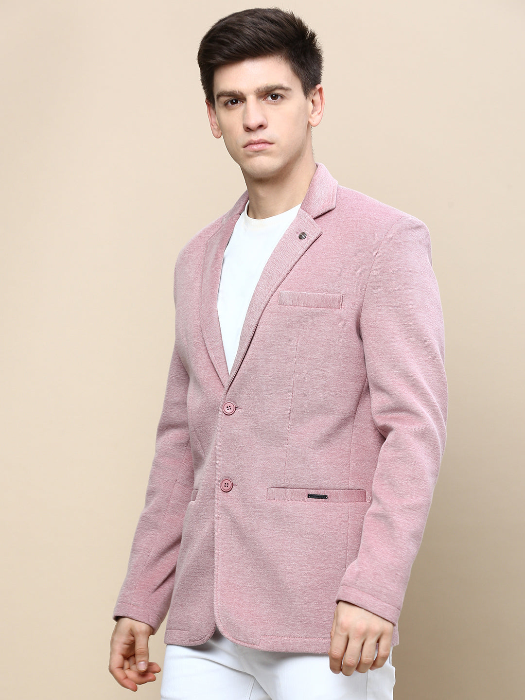 Men Mauve Solid Casual Blazers