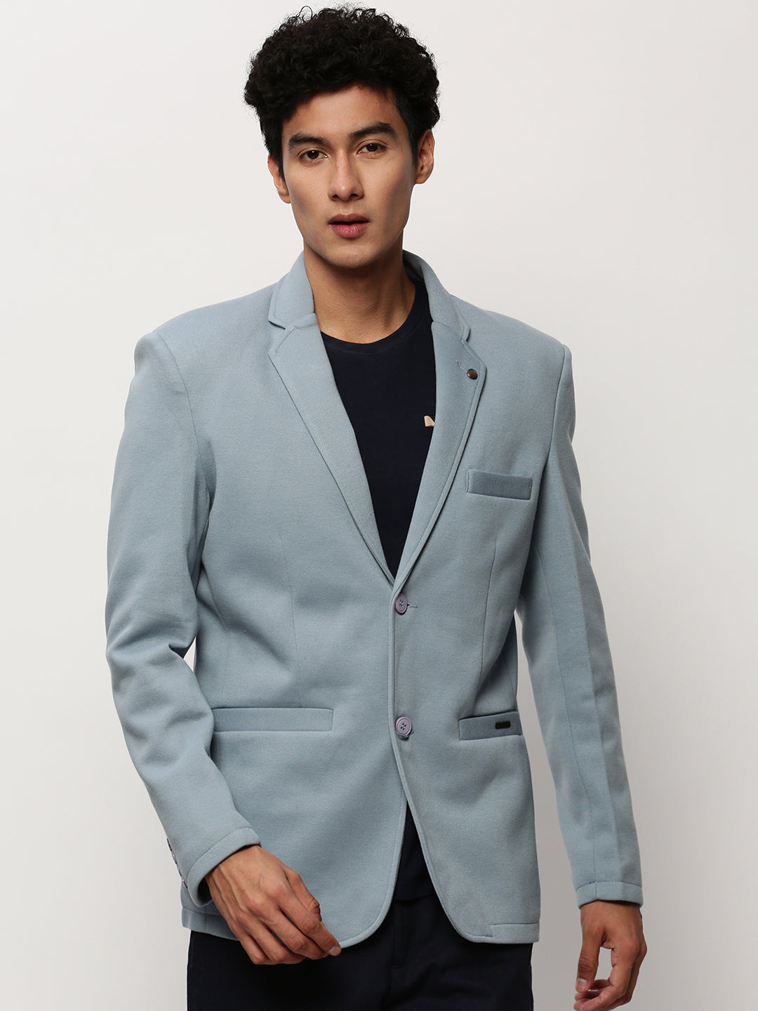 Men Blue Solid Casual Blazers