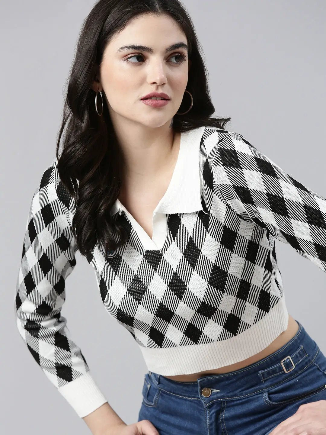Women's Shirt Collar Checked Regular Sleeves Fitted White Crop Top