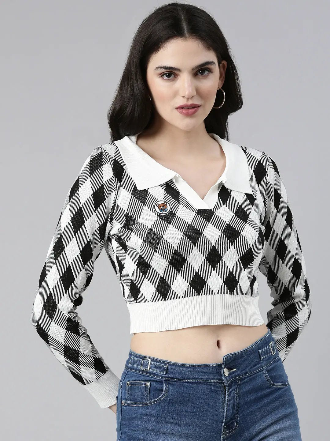Women's Shirt Collar Checked Regular Sleeves Fitted White Crop Top