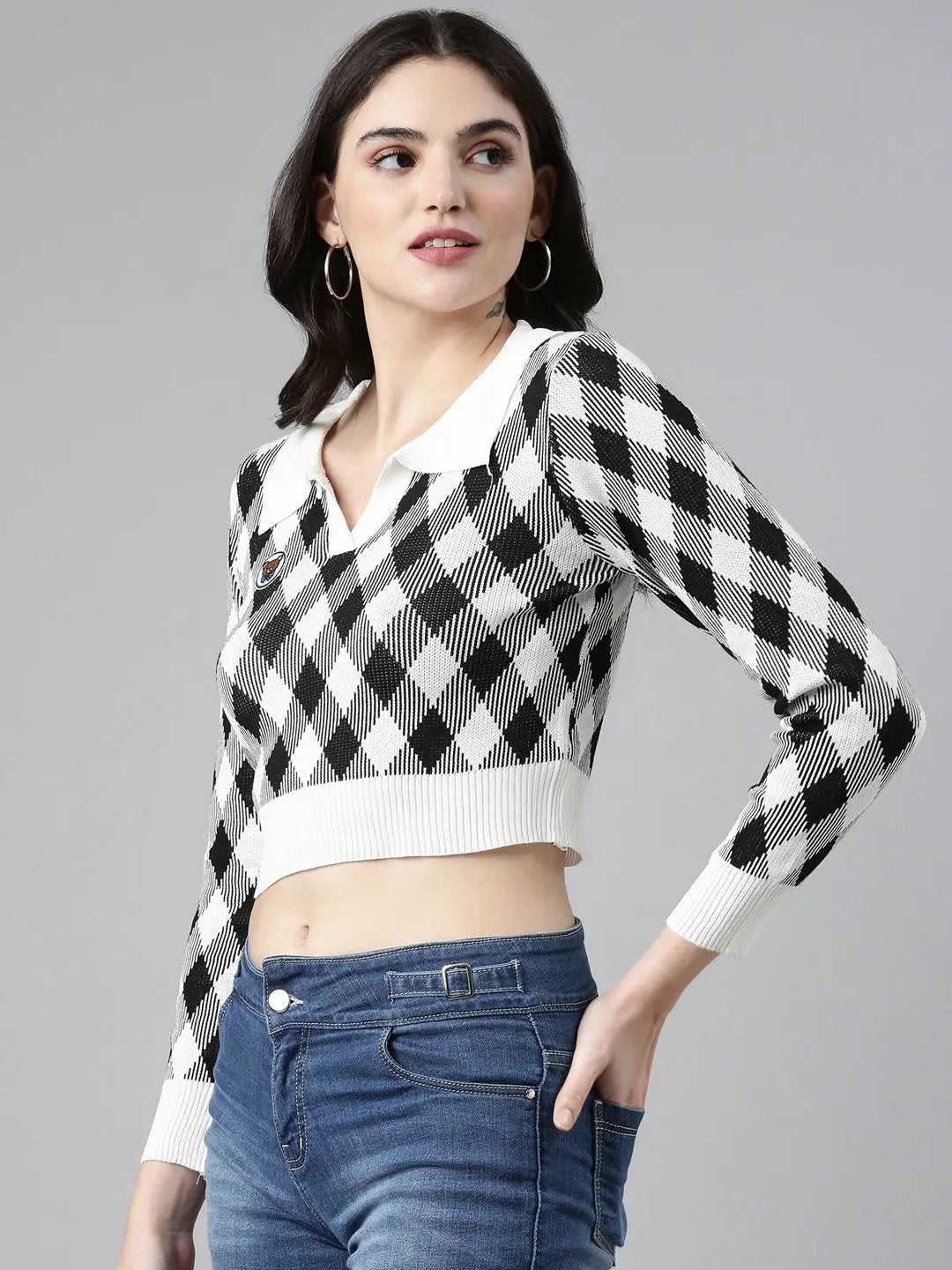 Women's Shirt Collar Checked Regular Sleeves Fitted White Crop Top