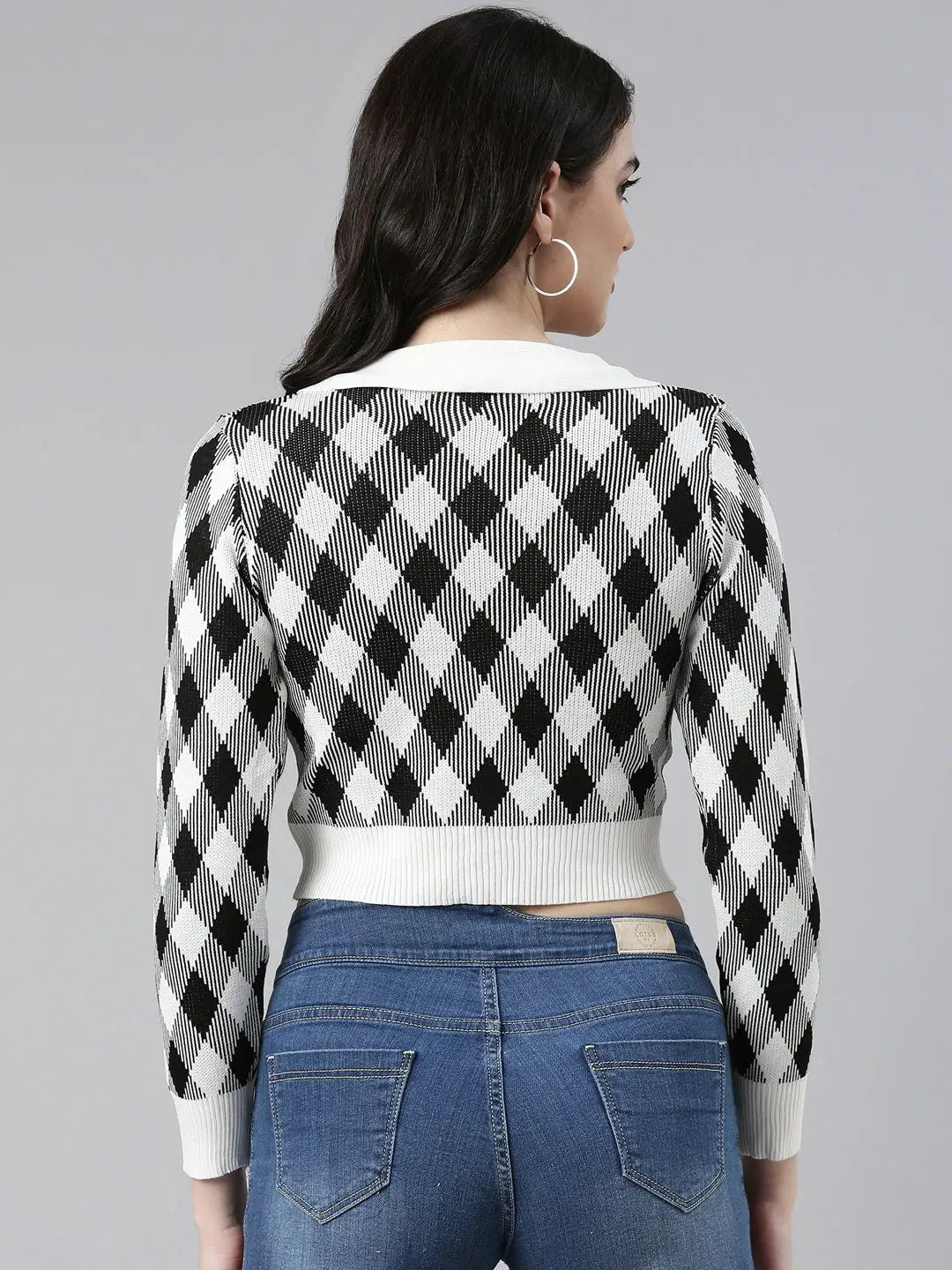 Women's Shirt Collar Checked Regular Sleeves Fitted White Crop Top