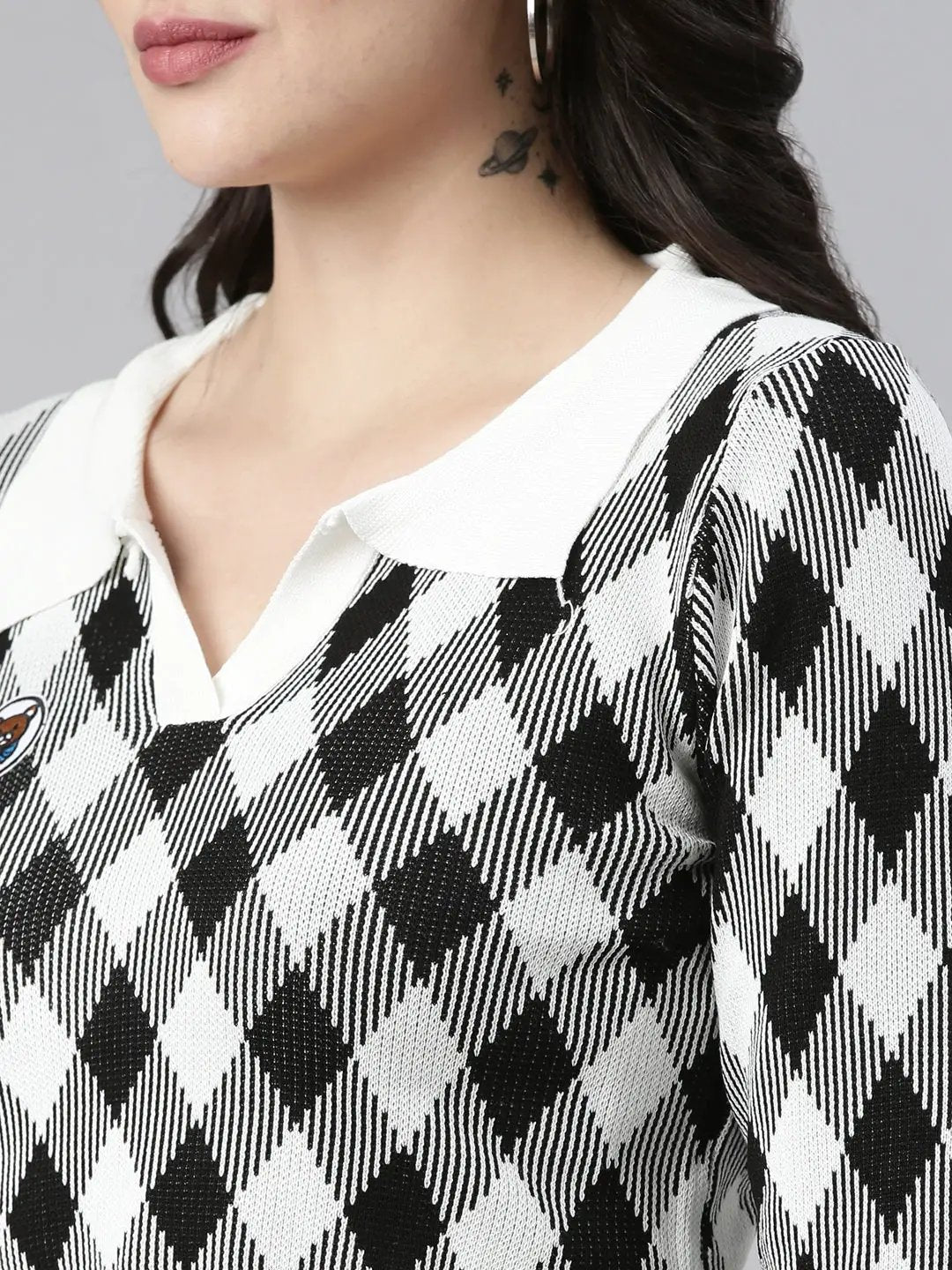 Women's Shirt Collar Checked Regular Sleeves Fitted White Crop Top