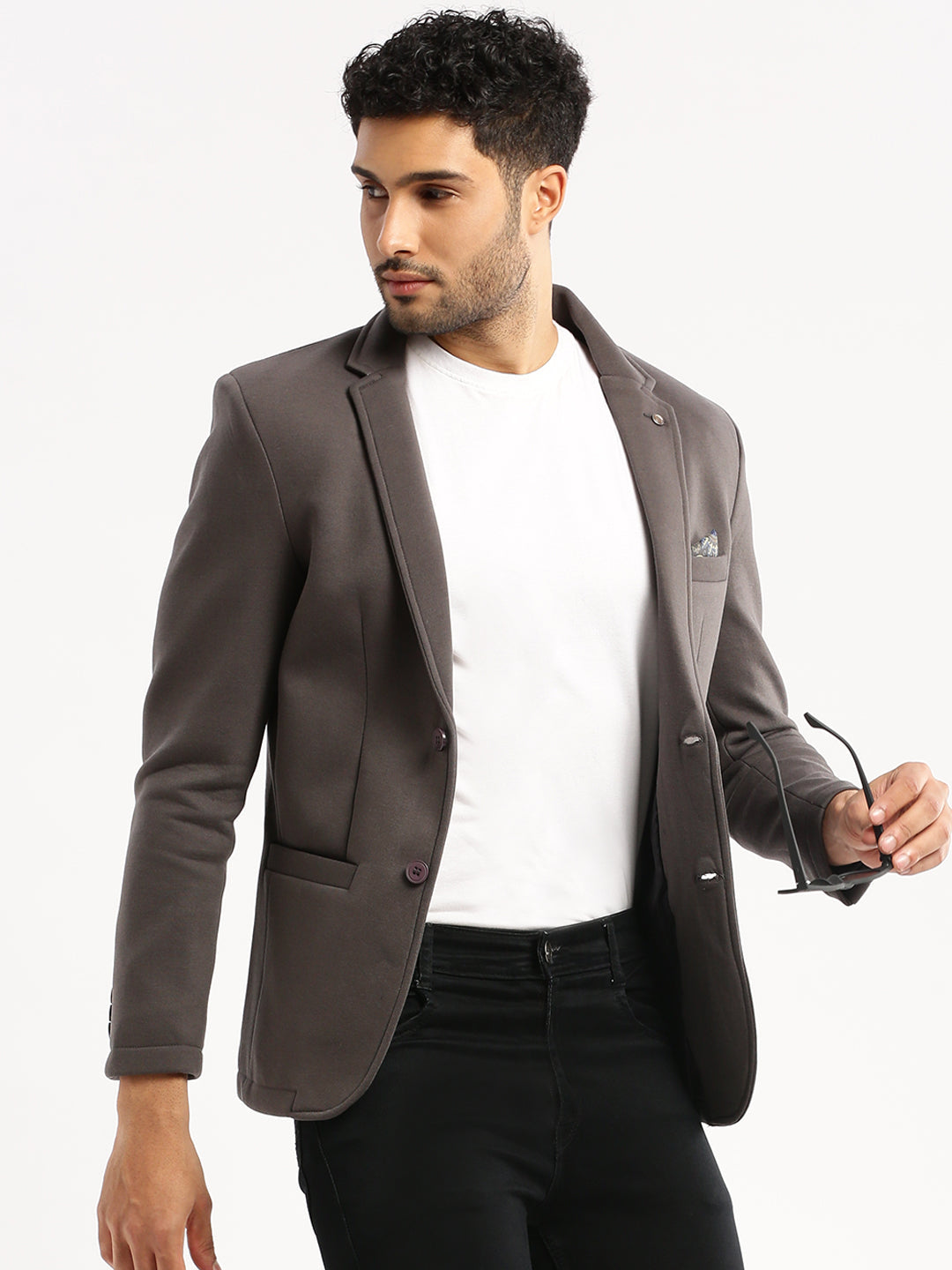 Men Grey Solid Notched Lapel Blazer