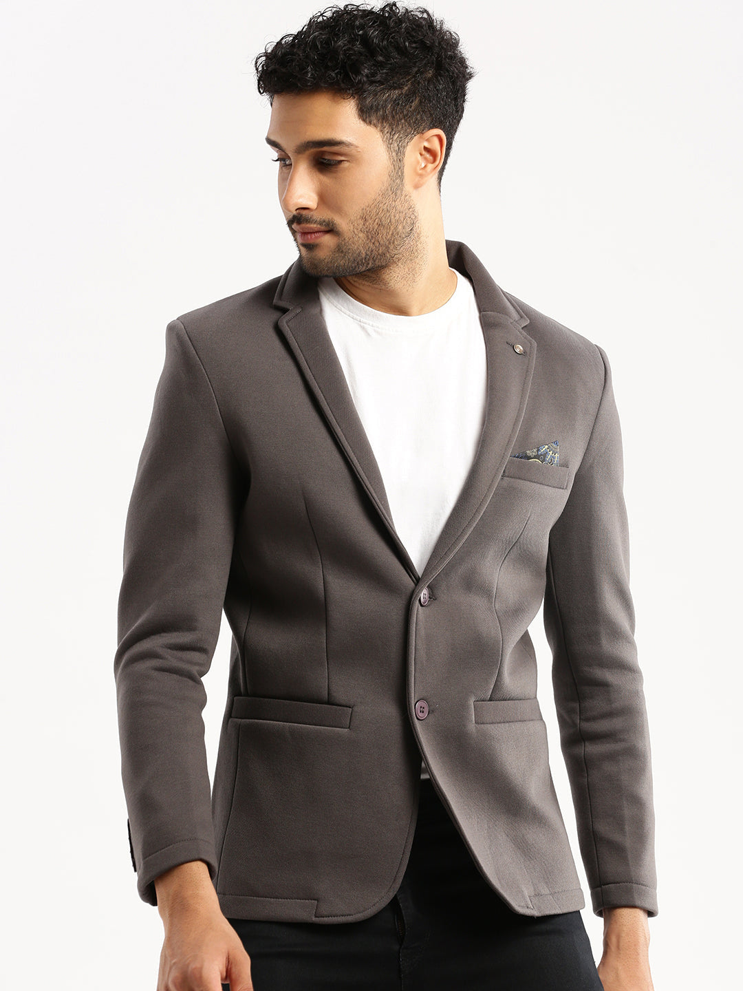 Men Grey Solid Notched Lapel Blazer