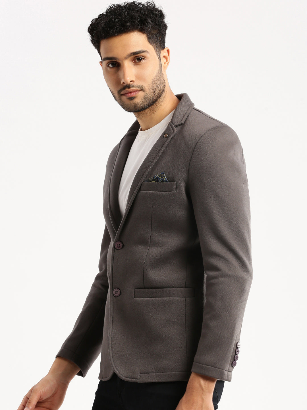 Men Grey Solid Notched Lapel Blazer