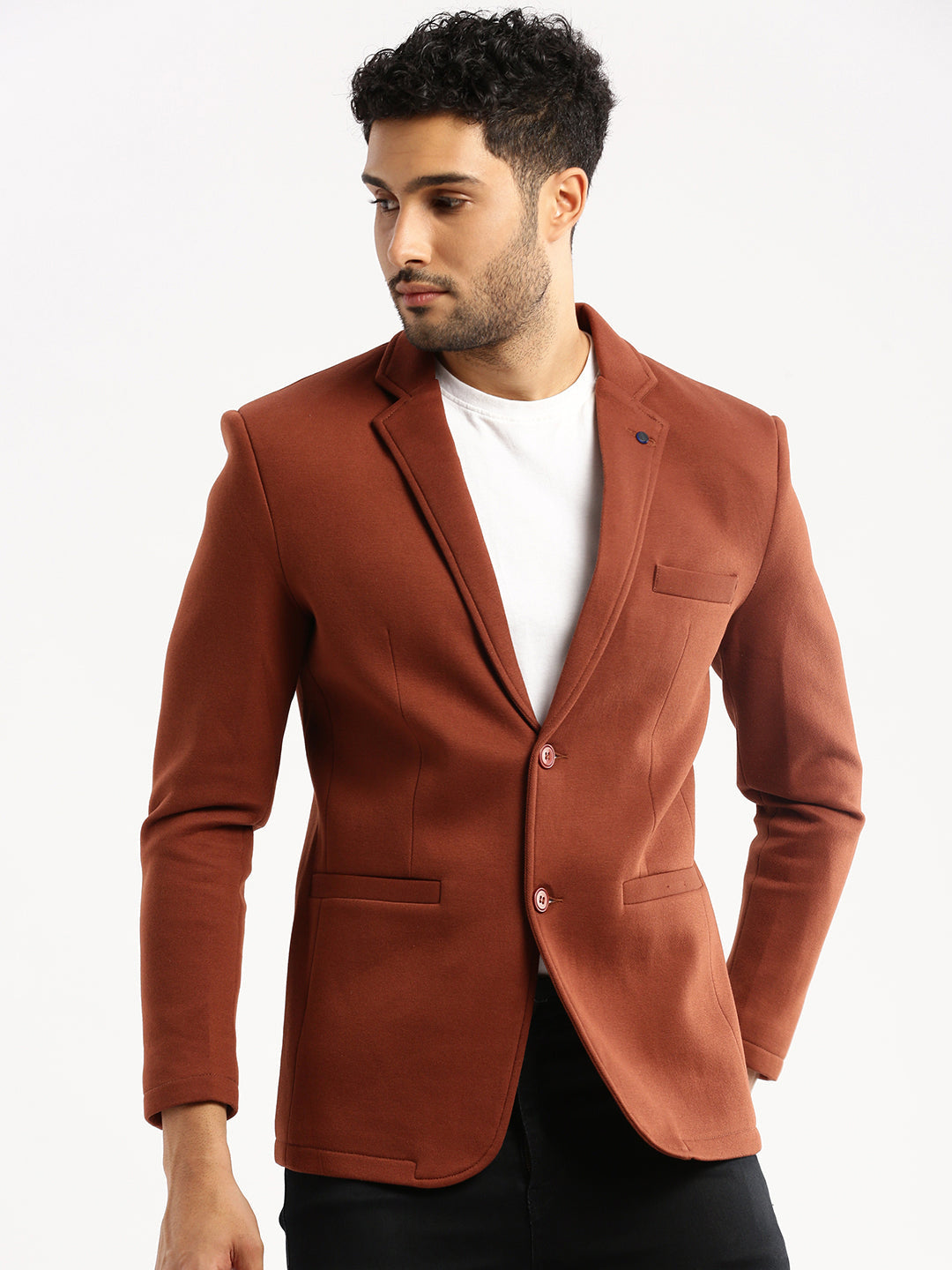 Men Brown Solid Notched Lapel Blazer