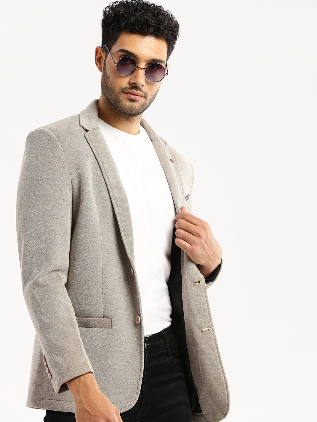 Men Grey Solid Notched Lapel Blazer