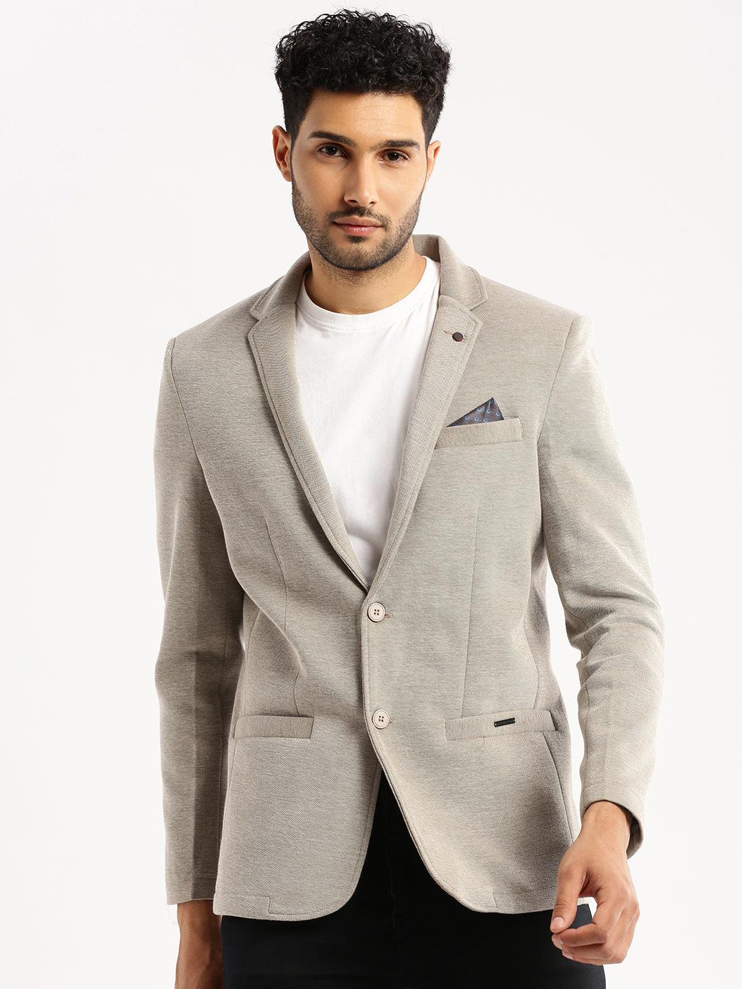 Men Grey Solid Notched Lapel Blazer