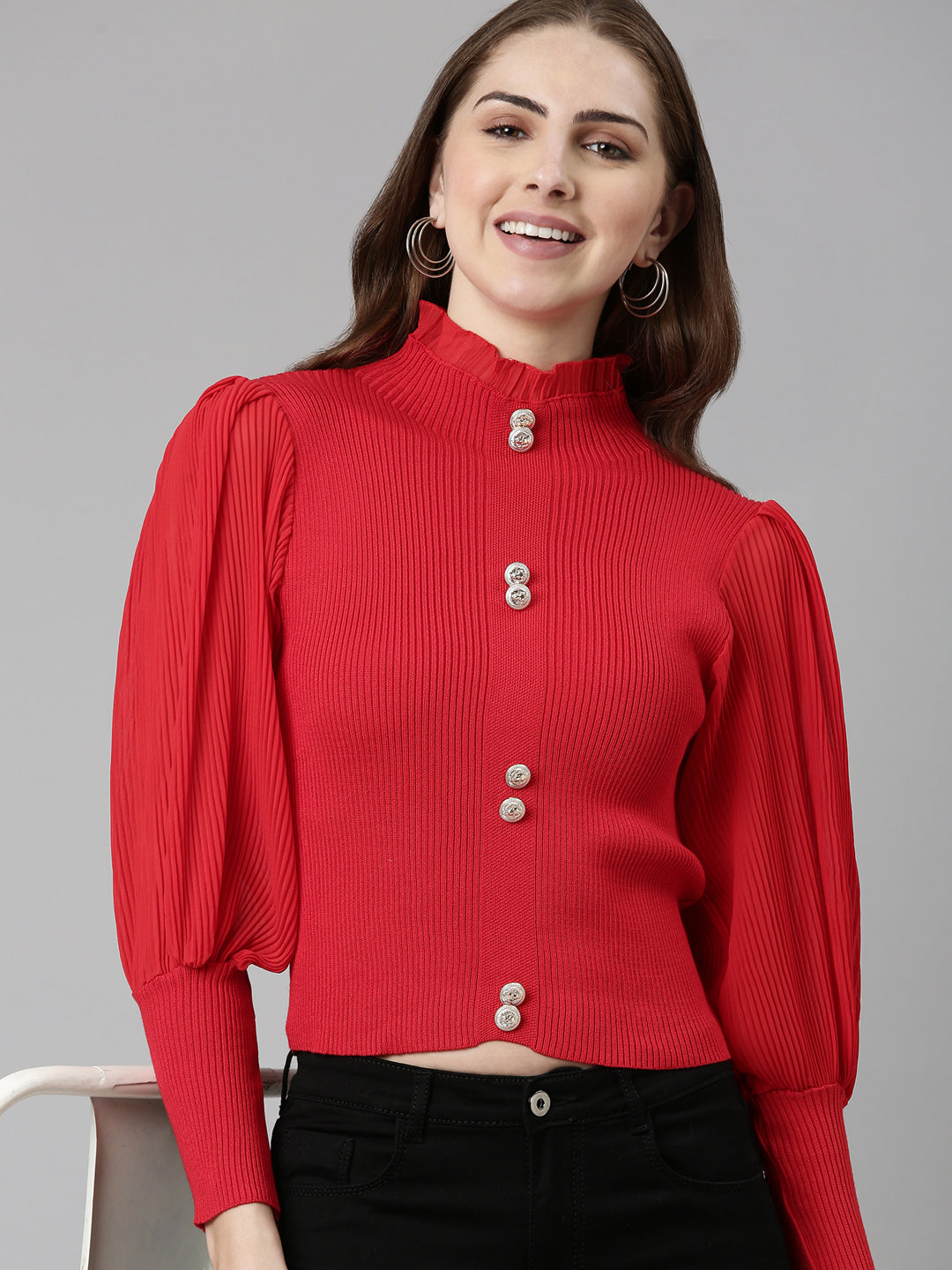 Women High Neck Solid Bishop Sleeves Fitted Red Crop Top