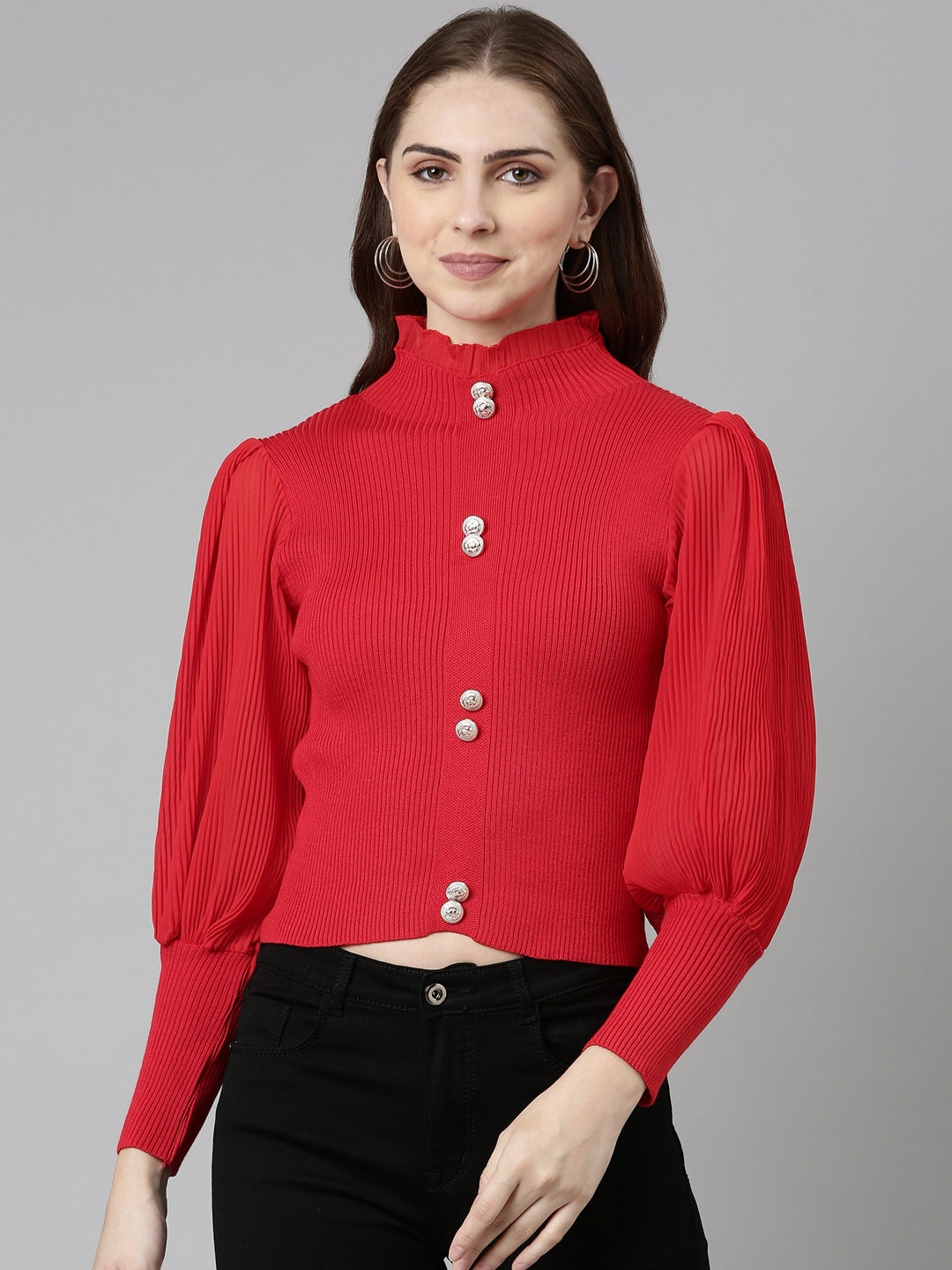 Women High Neck Solid Bishop Sleeves Fitted Red Crop Top