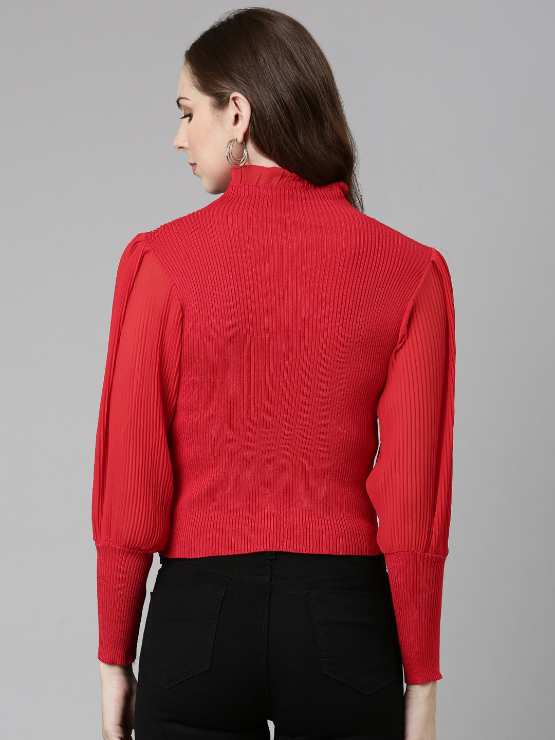 Women High Neck Solid Bishop Sleeves Fitted Red Crop Top