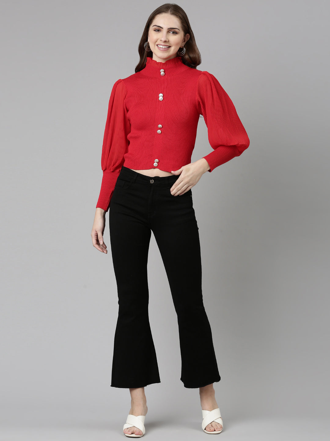 Women High Neck Solid Bishop Sleeves Fitted Red Crop Top