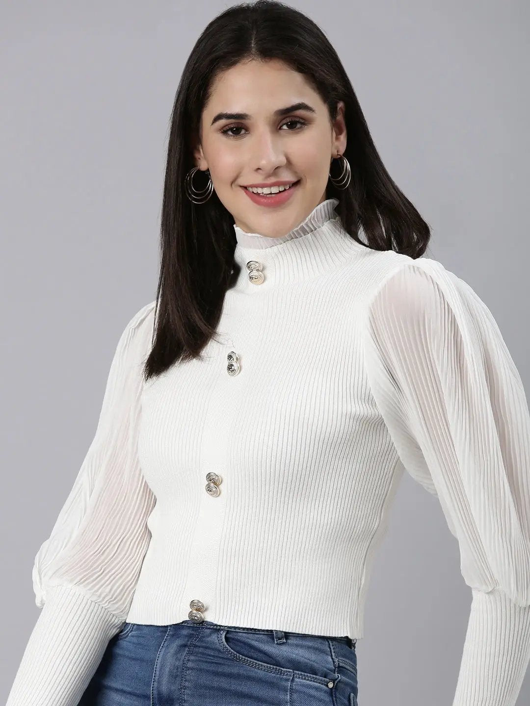 Women's High Neck Solid Bishop Sleeves Fitted White Crop Top