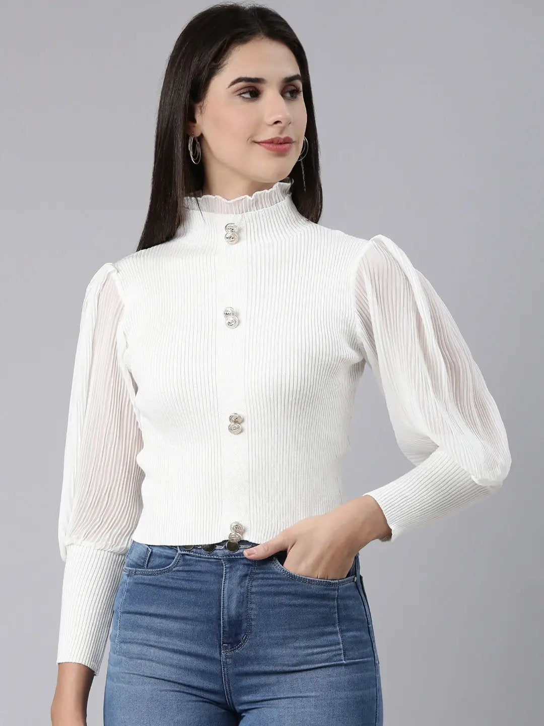 Women's High Neck Solid Bishop Sleeves Fitted White Crop Top