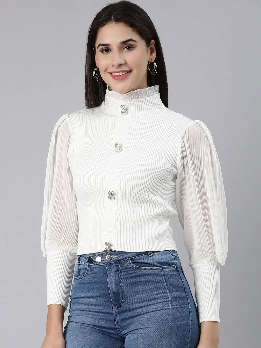 Women's High Neck Solid Bishop Sleeves Fitted White Crop Top