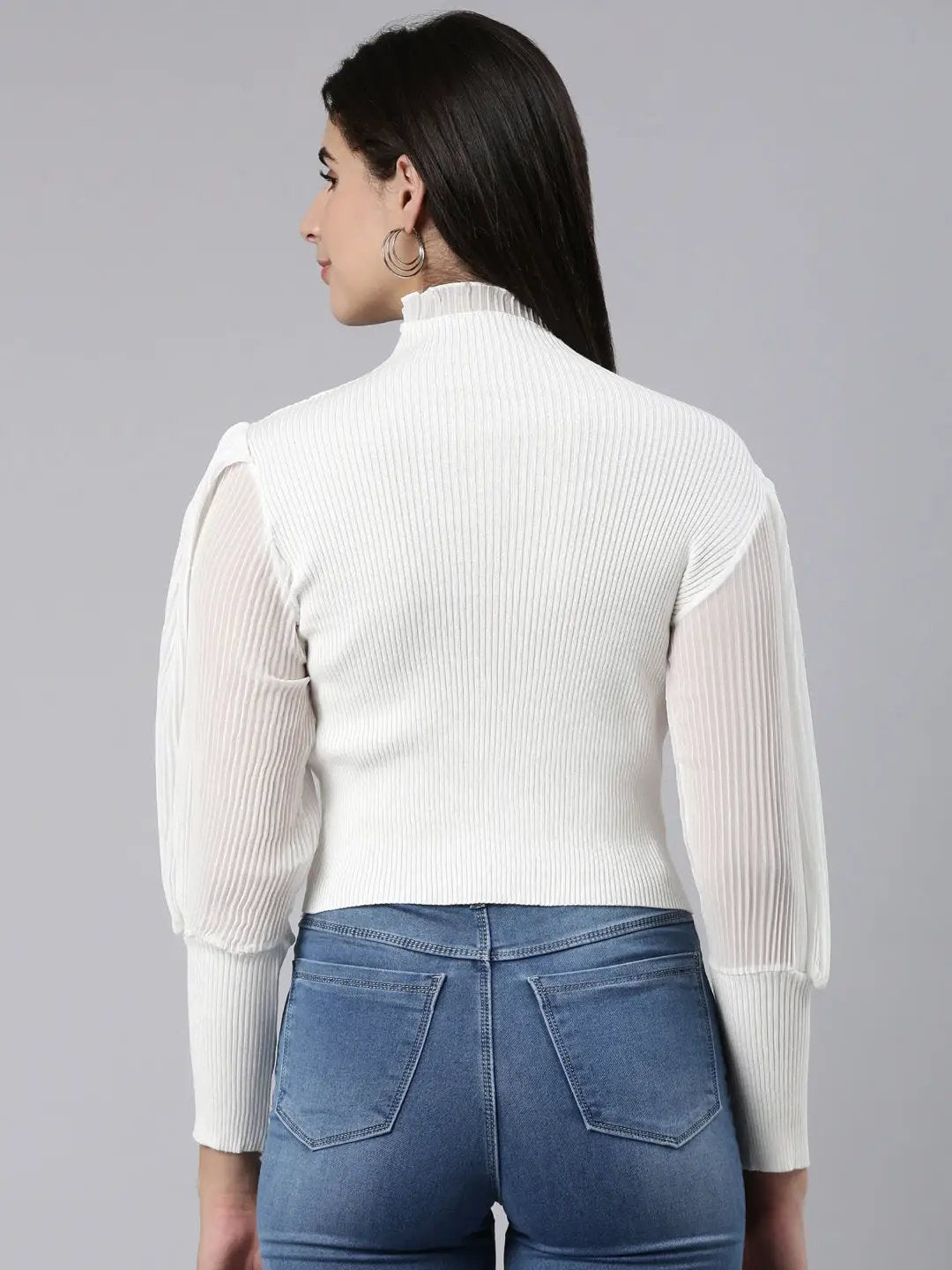 Women's High Neck Solid Bishop Sleeves Fitted White Crop Top