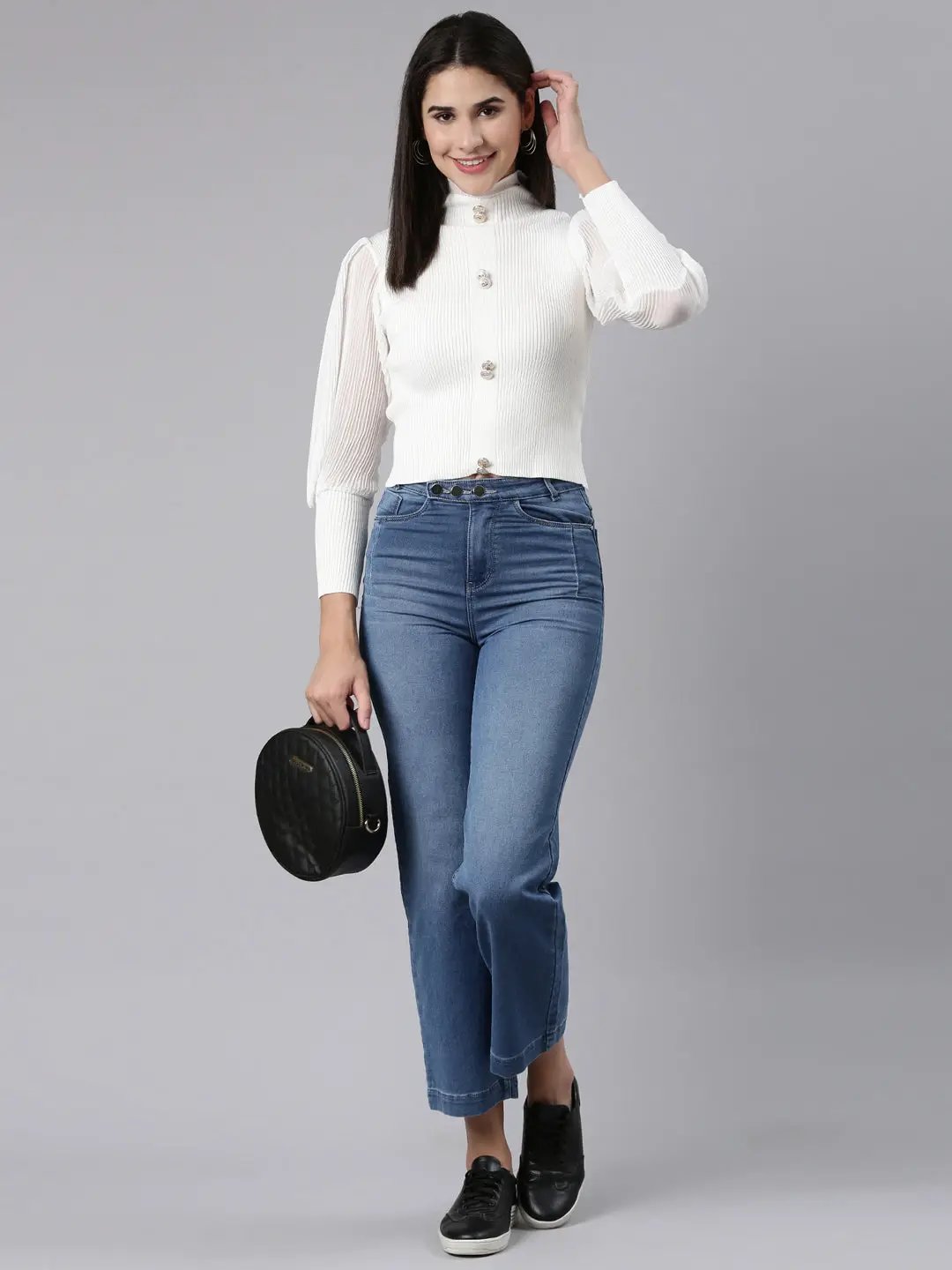 Women's High Neck Solid Bishop Sleeves Fitted White Crop Top