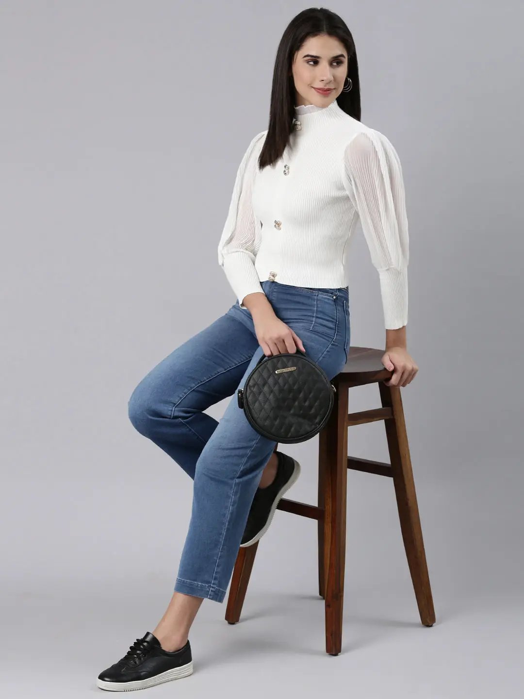 Women's High Neck Solid Bishop Sleeves Fitted White Crop Top