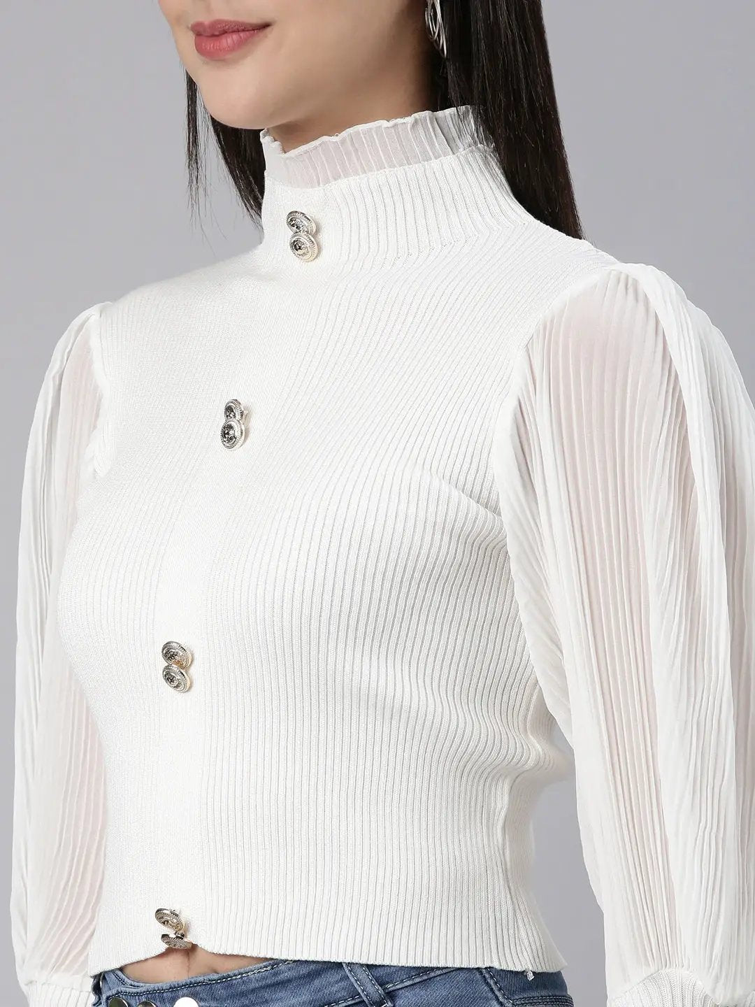 Women's High Neck Solid Bishop Sleeves Fitted White Crop Top