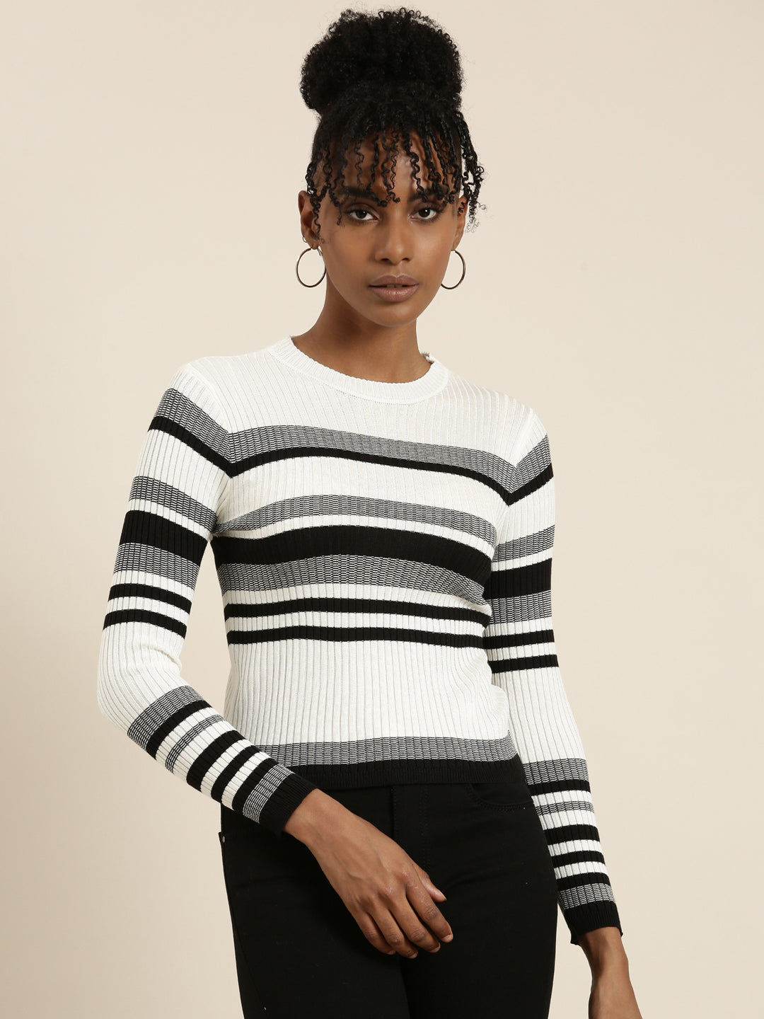 Women's White Striped Fitted Top