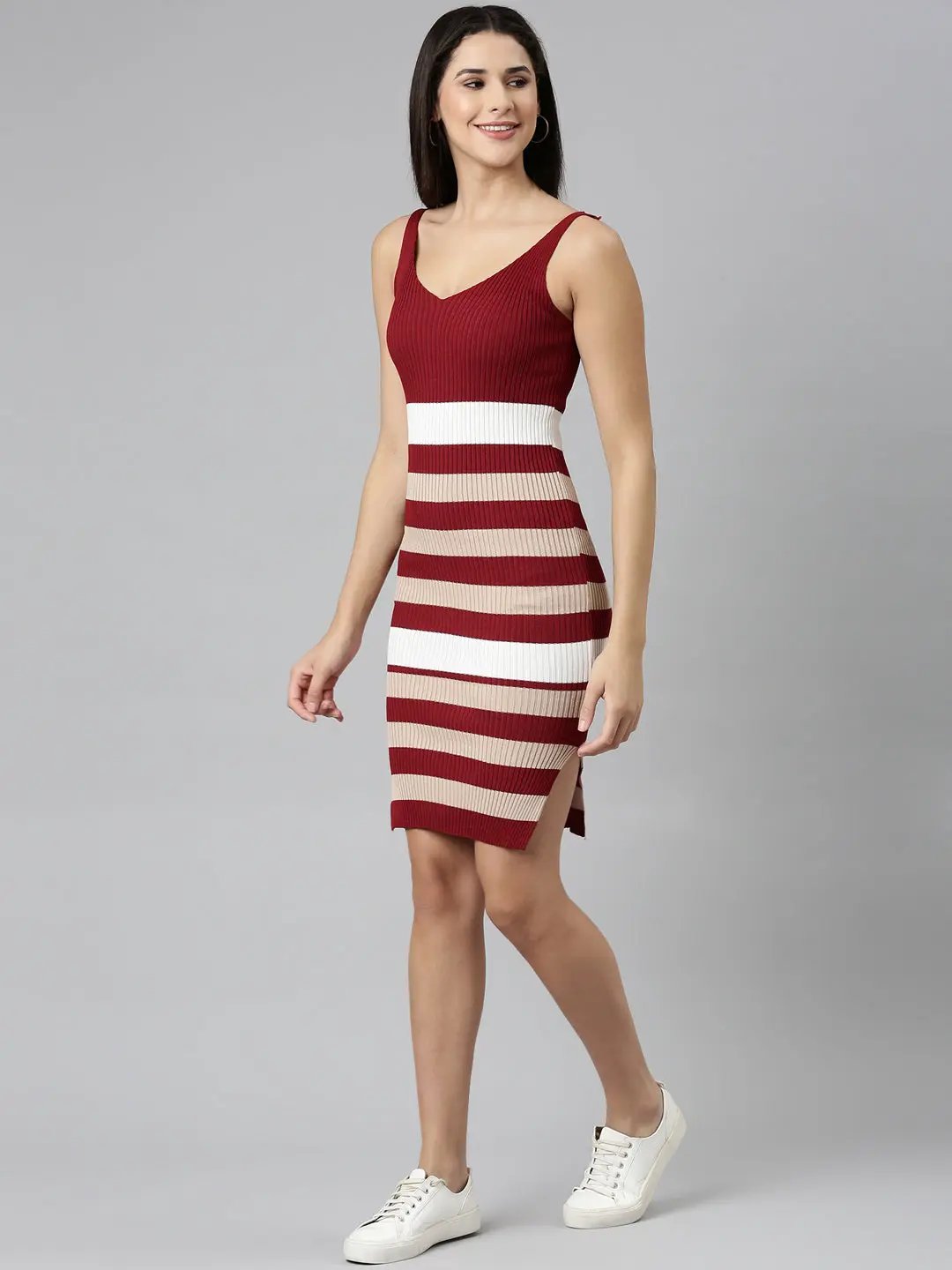 Women's Maroon Colourblock Bodycon Dress