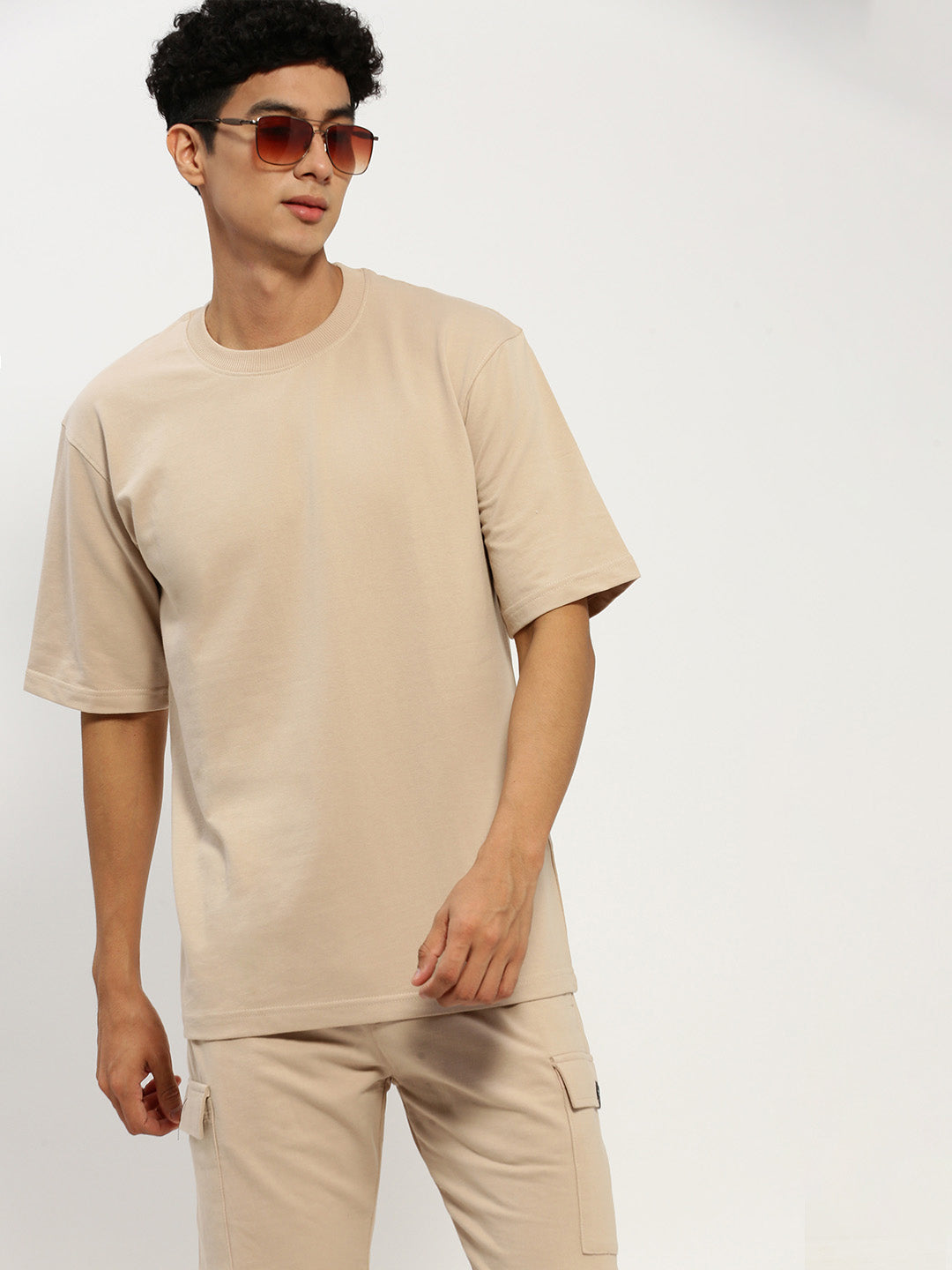 Men's Beige Round Neck Co-Ords Set