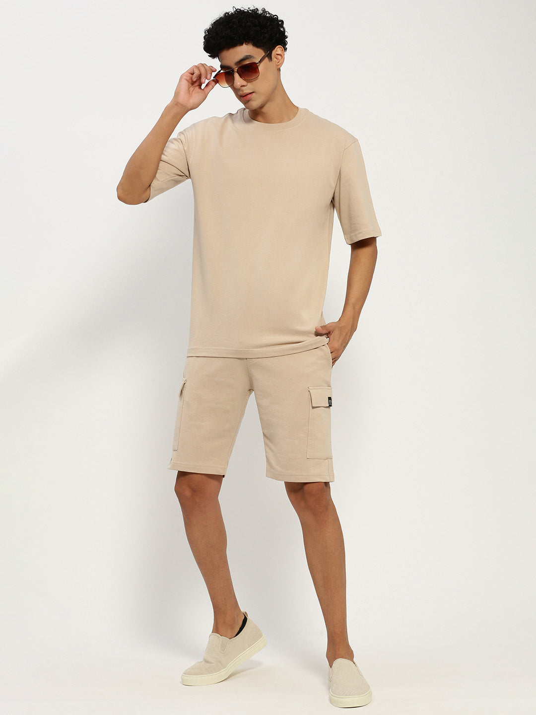 Men's Beige Round Neck Co-Ords Set