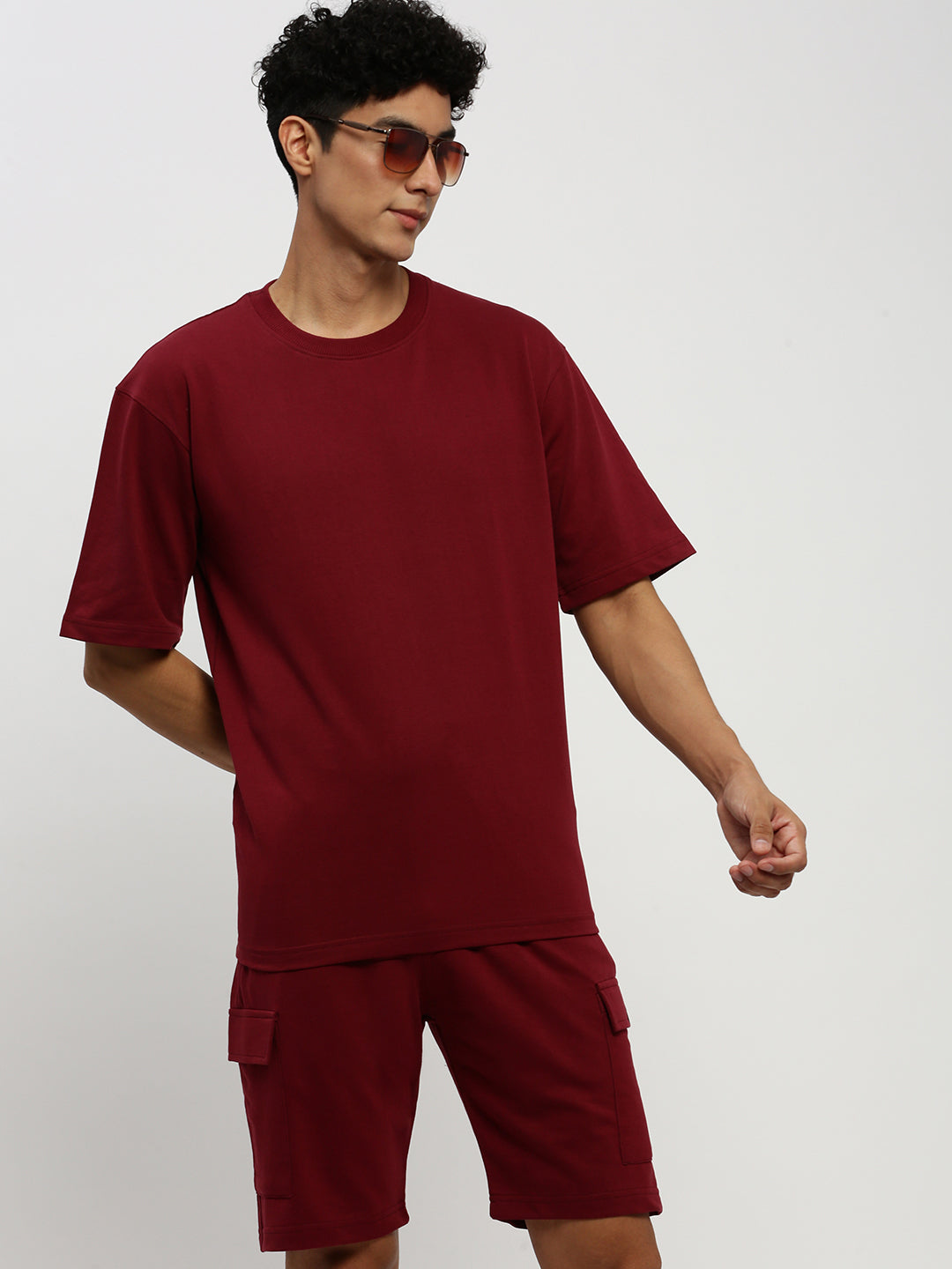 Men's Maroon Round Neck T-Shirt & Shorts Co-Ords Set