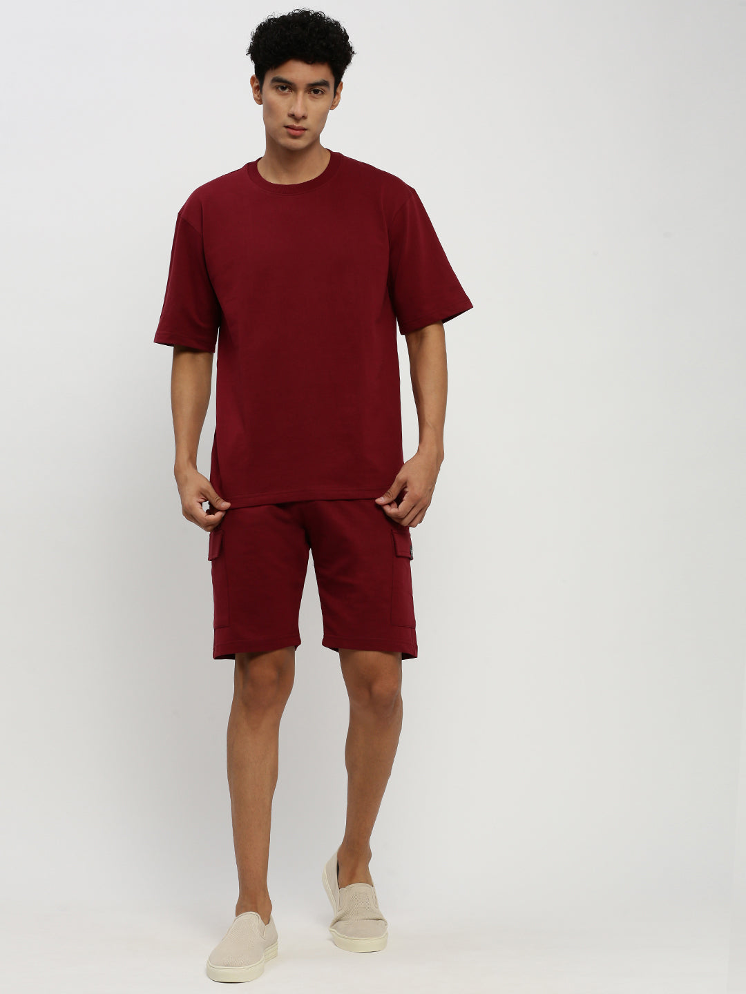 Men's Maroon Round Neck T-Shirt & Shorts Co-Ords Set